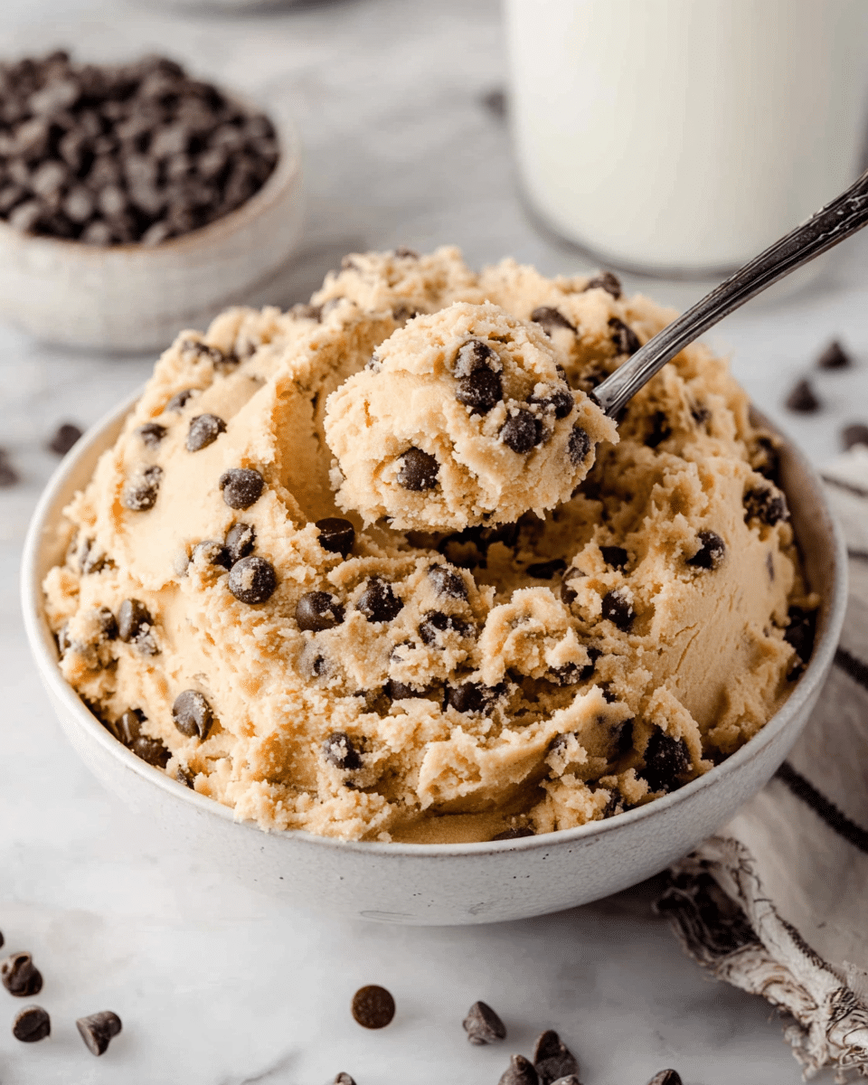 A large mound of light tan cookie dough mixed with many small, dark chocolate chips fills a white bowl. The dough looks soft and crumbly with some rough, slightly grainy texture, and a spoon scoops a round portion from the top, showing thick and dense dough. Around the bowl, some scattered dark chocolate chips add detail, with parts of the white marbled surface visible underneath. In the background, a glass container filled with white milk and a white bowl with more chocolate chips sit on the white marbled texture, adding to the cozy baking scene. Photo taken with an iphone --ar 4:5 --v 7