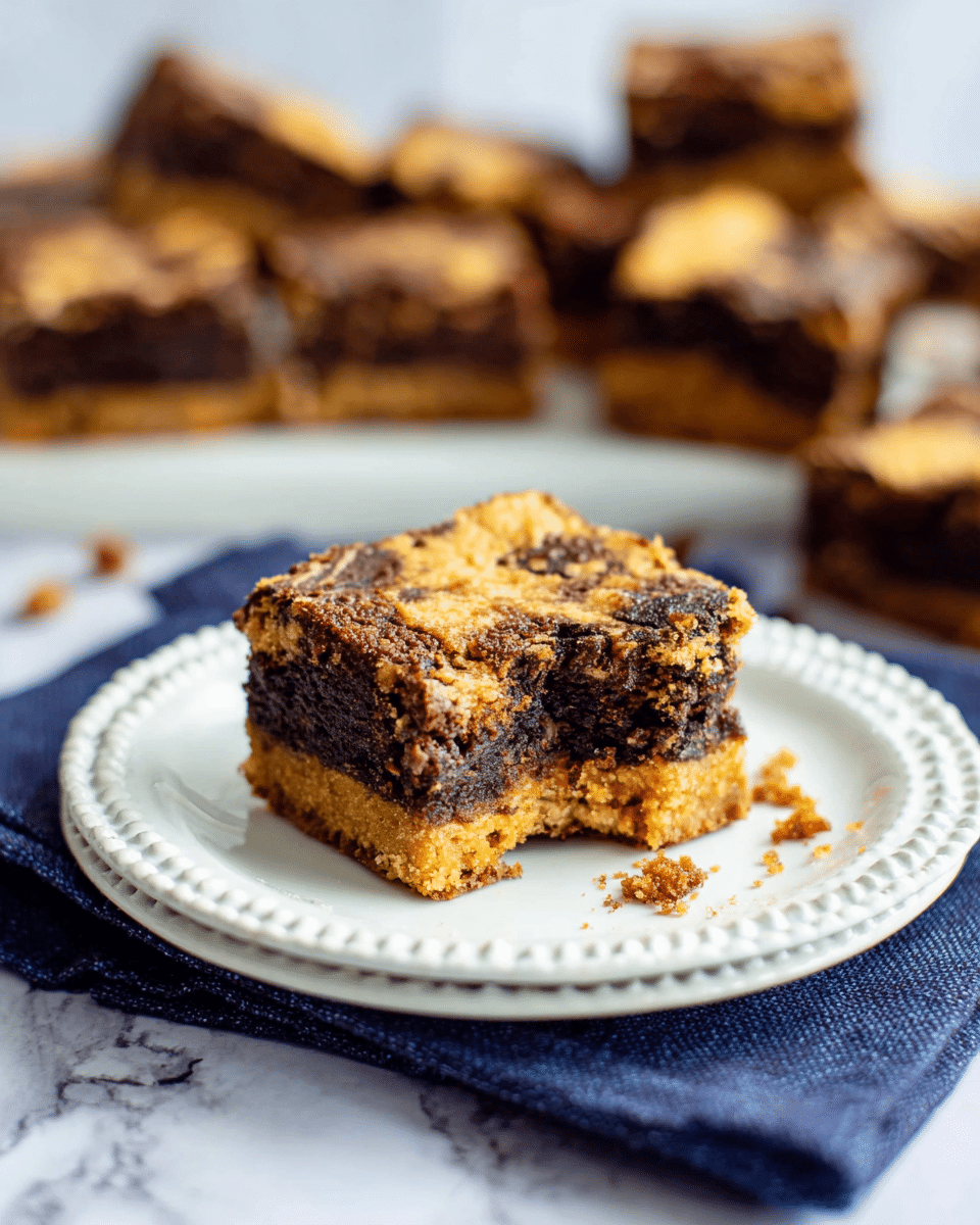 A close-up of a square layered brownie placed on a white plate with a beaded edge, resting on a dark blue cloth on a white marbled surface. The brownie has three layers: a thick golden brown base, a dark chocolate middle layer, and a top layer swirled with golden and dark brown patches showing a crumbly texture. The brownie has a small bite taken from one corner, with crumbs scattered on the plate. In the blurry background, several more brownies are scattered on the white marbled surface. Photo taken with an iphone --ar 4:5 --v 7