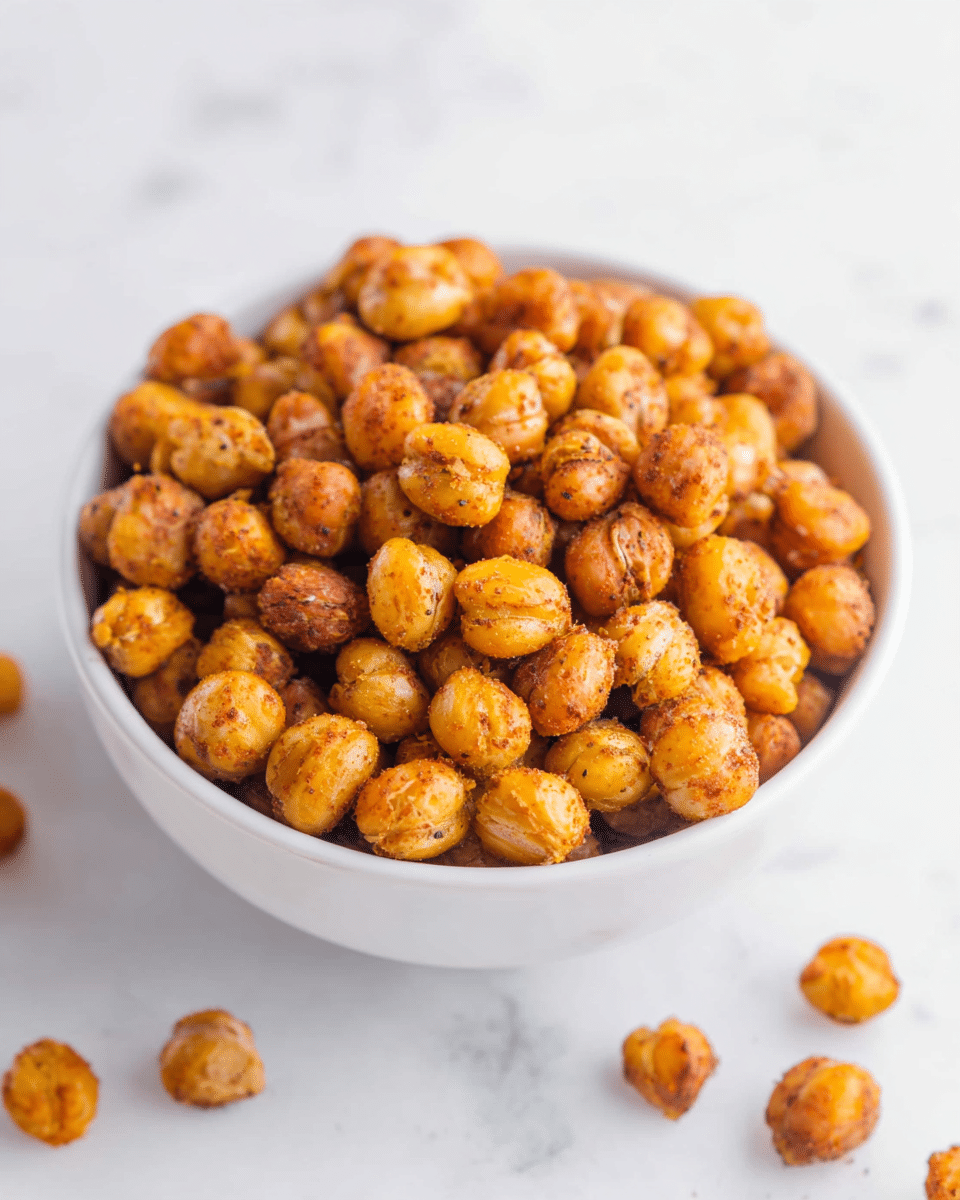 A white bowl filled with golden-brown roasted chickpeas that have a slightly rough texture and a light dusting of spices. The chickpeas are piled high in the bowl, showing a mix of lighter and darker orange-brown hues on their surfaces. A few chickpeas are scattered around the bowl on a white marbled surface, adding a casual, natural look to the image. The lighting is bright and soft, highlighting the texture and color of the chickpeas. photo taken with an iphone --ar 4:5 --v 7