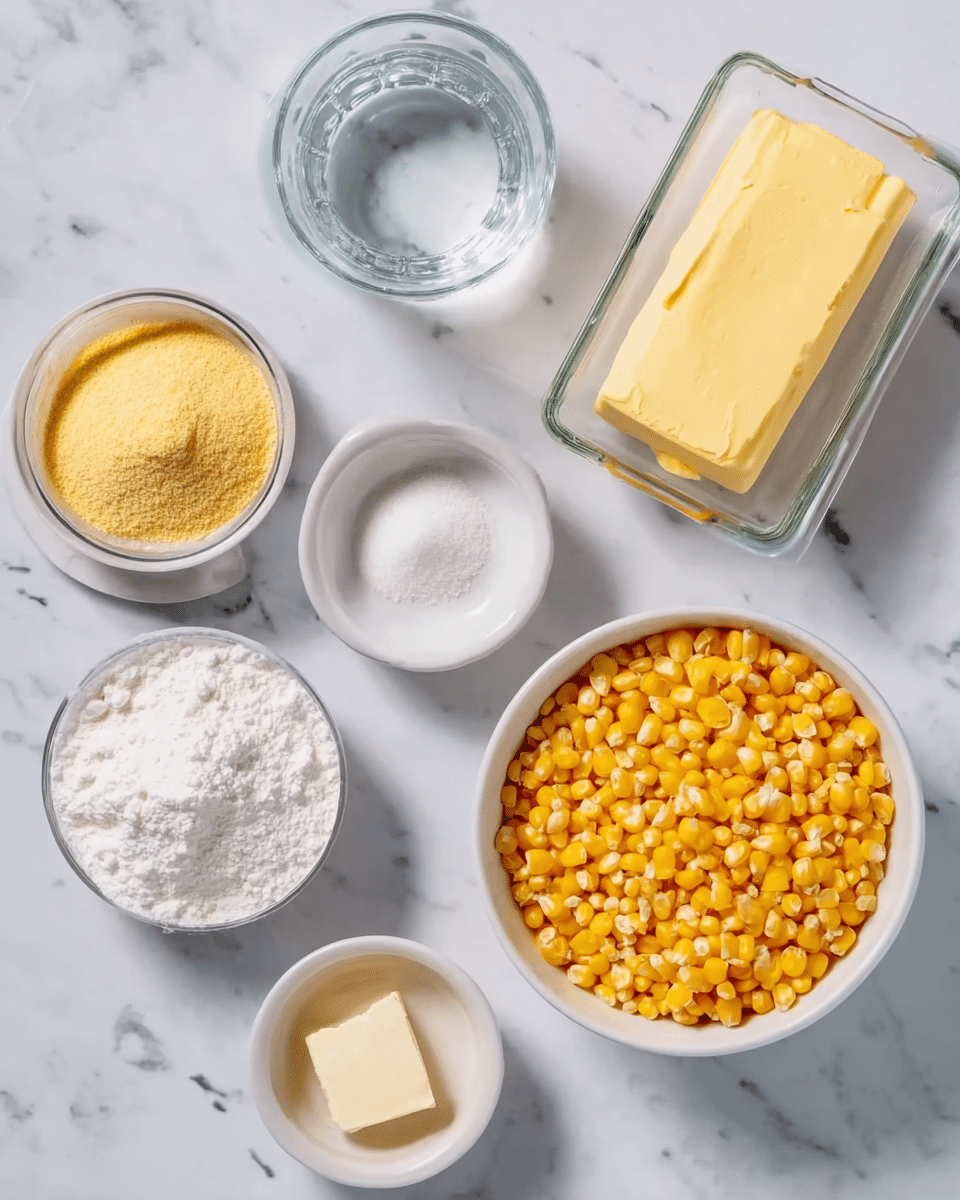 A top view of several white bowls and containers placed on a white marbled surface. In the center, a white bowl filled with bright yellow corn kernels. Around it are smaller white bowls containing a light yellow powder, white powder, white crystals, and white granulated sugar. A clear glass container holds a block of yellow butter, and a small white bowl has a small amount of white liquid. There is also a clear glass cup filled with water. photo taken with an iphone --ar 4:5 --v 7