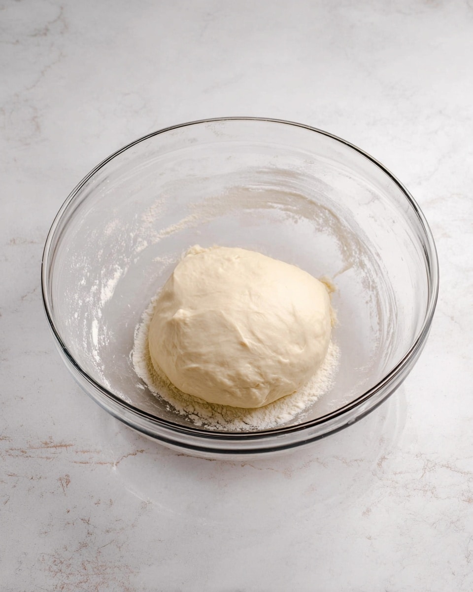 A clear glass bowl sits on a white marbled surface, holding a single, smooth ball of dough at the bottom center. The dough is pale cream in color with a soft, slightly shiny texture. The bowl is clean but shows faint flour traces on the inside walls. The scene is bright and simple, focusing fully on the dough inside the bowl. photo taken with an iphone --ar 4:5 --v 7