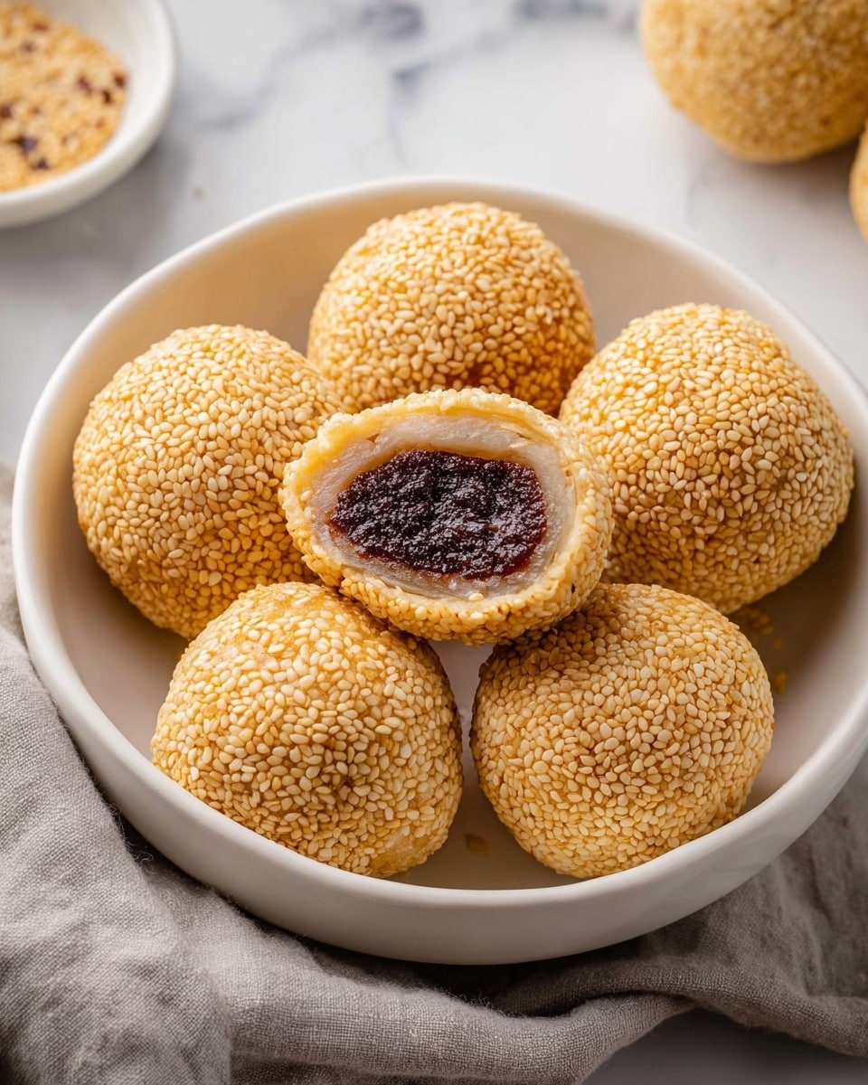 A white bowl filled with six round sesame balls. Each ball has a golden outer layer covered with sesame seeds, giving them a textured look. One ball is cut open and placed on top, showing three layers: a thin crispy outer sesame seed layer, a slightly translucent middle dough layer, and a dark, dense filling in the center. The bowl sits on a white marbled surface with a light gray cloth partially visible. Photo taken with an iphone --ar 4:5 --v 7