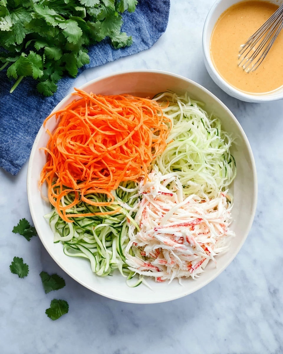 A white bowl on a white marbled surface holds three separate piles of thinly sliced vegetables arranged side by side: bright orange carrot strands on the left, pale green cucumber strands in the middle, and white strands with light red streaks on the right, resembling imitation crab. To the top right of the bowl is a small white bowl with a creamy orange sauce inside and a small whisk resting in it. Green cilantro leaves and a blue cloth are scattered on the top left part of the surface. photo taken with an iphone --ar 4:5 --v 7