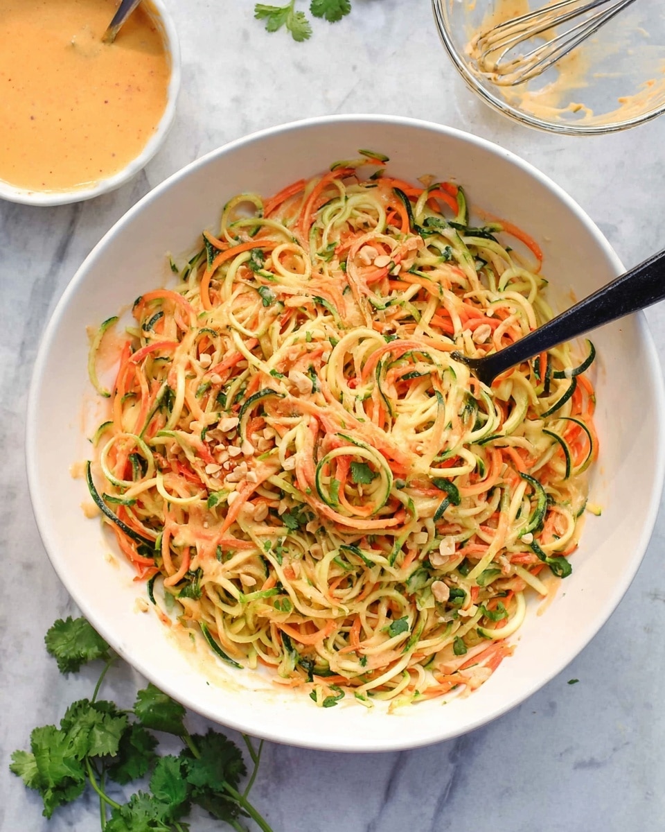 In a large white bowl, there is a colorful mix of spiralized vegetables including orange carrots, pale yellow squash, and green zucchini, all lightly coated with a creamy, slightly orange-colored sauce. Small bits of crushed nuts or seeds are sprinkled throughout, adding texture. A black spoon is placed inside the bowl, stirring the salad. Around the bowl on a white marbled surface, some fresh green herbs, likely cilantro, are scattered, along with a small white bowl of the same orange sauce with a whisk inside. Photo taken with an iphone --ar 4:5 --v 7