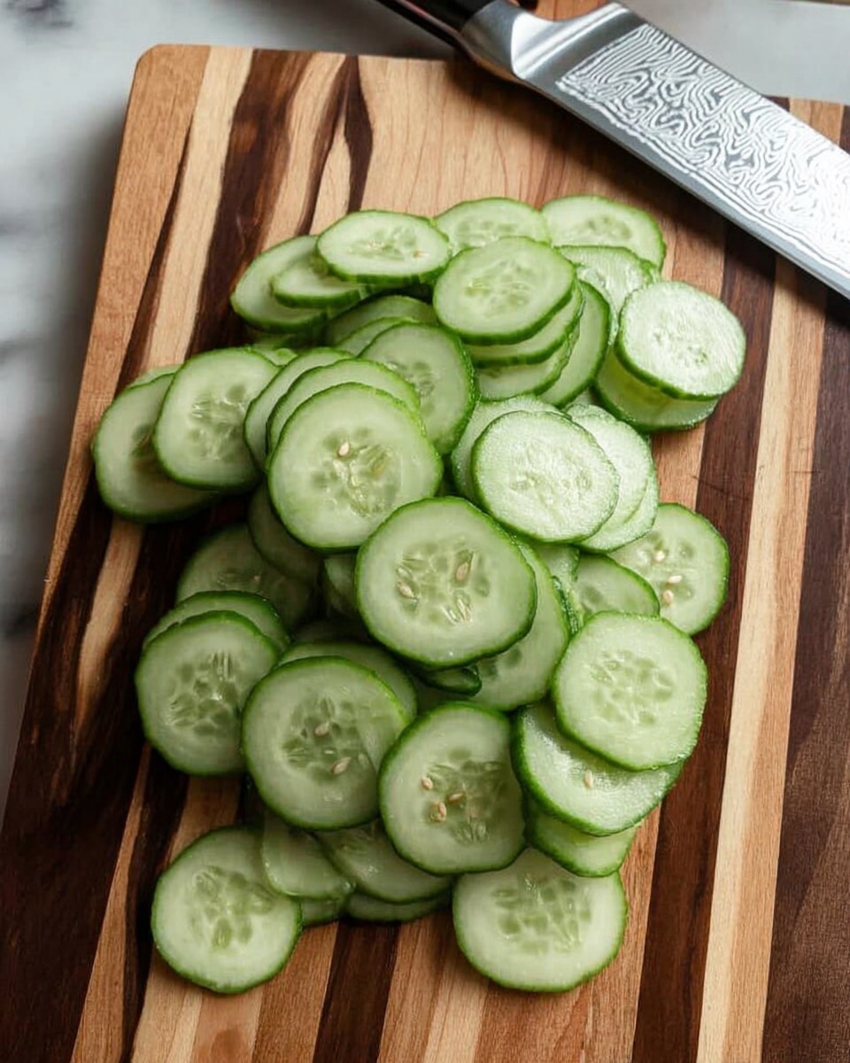 A pile of thin cucumber slices with green skin and pale green centers is spread on a wooden cutting board with dark and light stripes; the slices show small seeds in the middle arranged in a star shape. A silver knife with a textured blade lies to the right on the cutting board. The setting is on a white marbled surface. photo taken with an iphone --ar 4:5 --v 7
