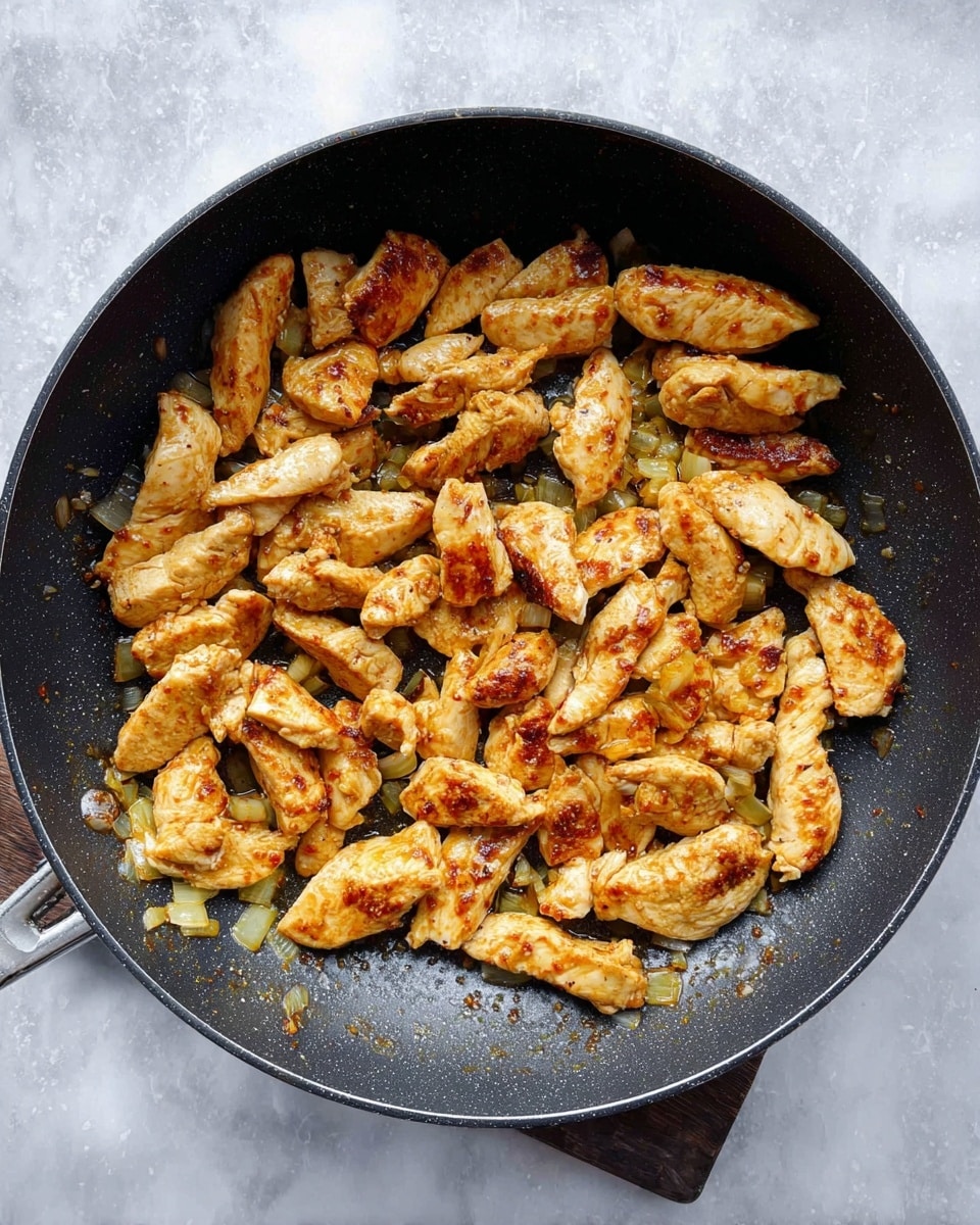 A black frying pan filled with many pieces of cooked chicken strips, each piece golden brown with slightly darker seared spots, mixed with small chunks of soft, light yellow cooked onions scattered evenly among the chicken strips. The pan rests on a piece of dark wood, and the whole setup is on a white marbled surface. The chicken pieces are layered close together, mostly flat, showing different sizes and shapes with a slightly oily look. Photo taken with an iphone --ar 4:5 --v 7