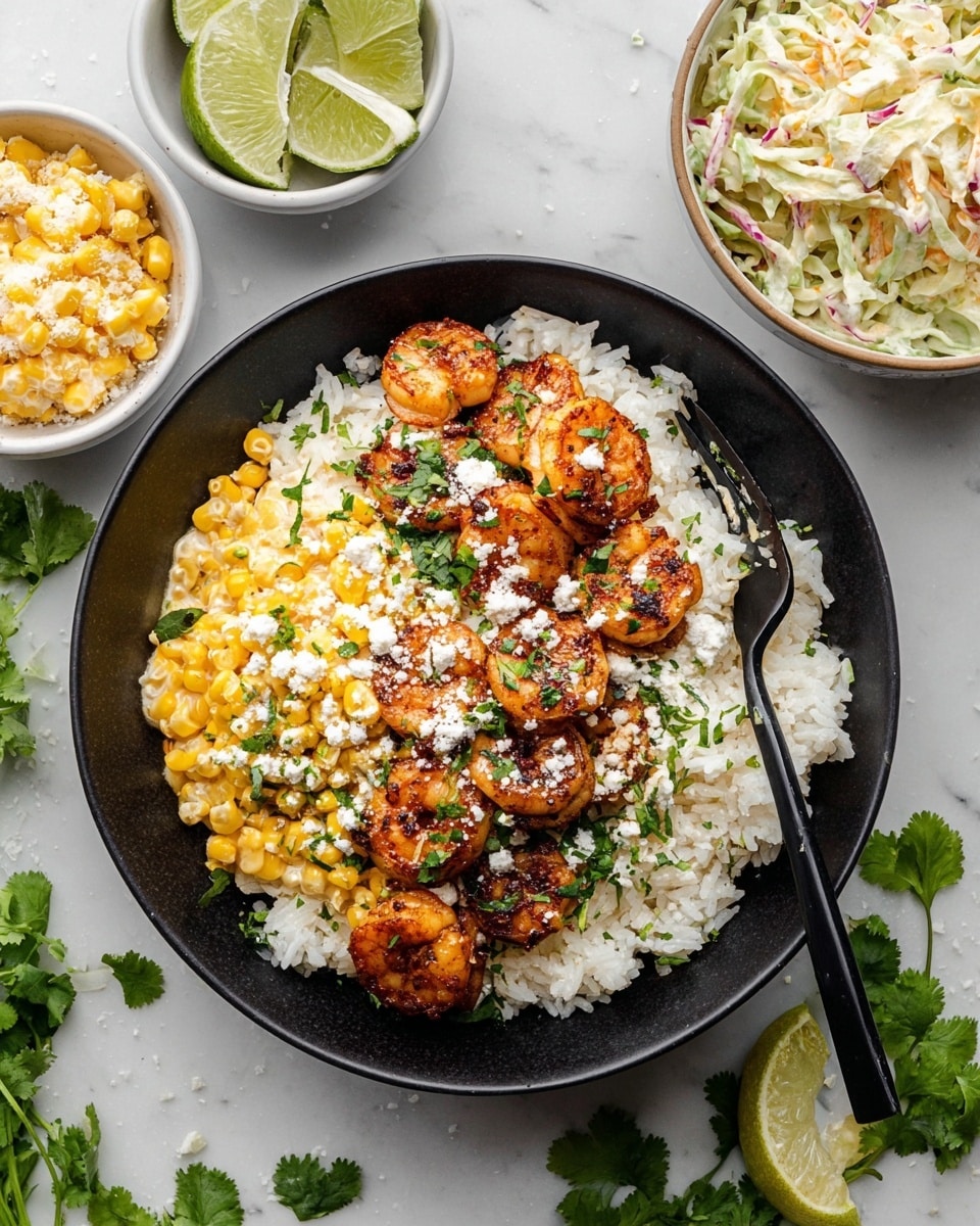 Shrimp Rice Bowl with Mexican Street Corn and Cilantro Lime Rice Recipe