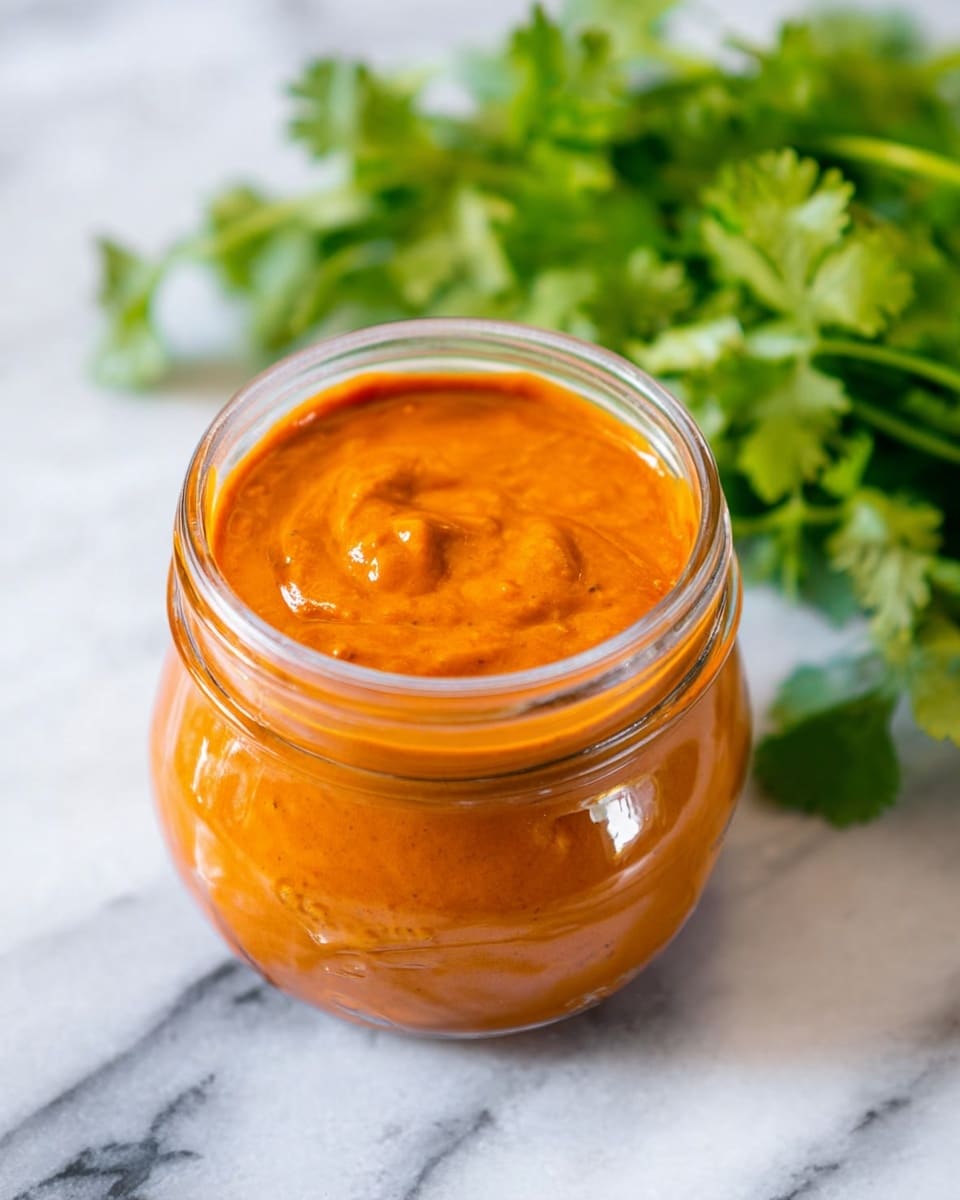 A small clear glass jar filled with thick, smooth, bright orange sauce with a creamy texture and slight ridges on the surface, sitting on a white marbled surface. In the background, slightly blurred, there is a bunch of fresh green cilantro with vibrant leaves. The jar is open, showing the sauce inside, which almost reaches the top edge. Photo taken with an iphone --ar 4:5 --v 7