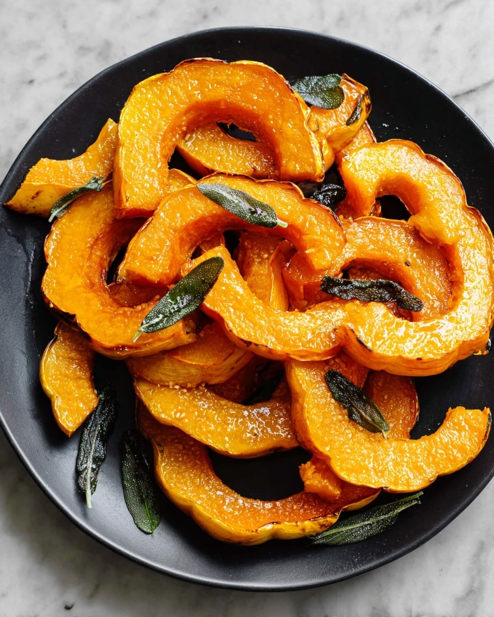 A black round plate filled with several bright orange roasted squash slices arranged in a loose pile. Each slice has a shiny, slightly glazed surface with a soft texture, showing the scalloped edges of the squash. Small pieces of green sage leaves are sprinkled on top, adding a touch of color contrast. The plate rests on a white marbled surface. photo taken with an iphone --ar 4:5 --v 7