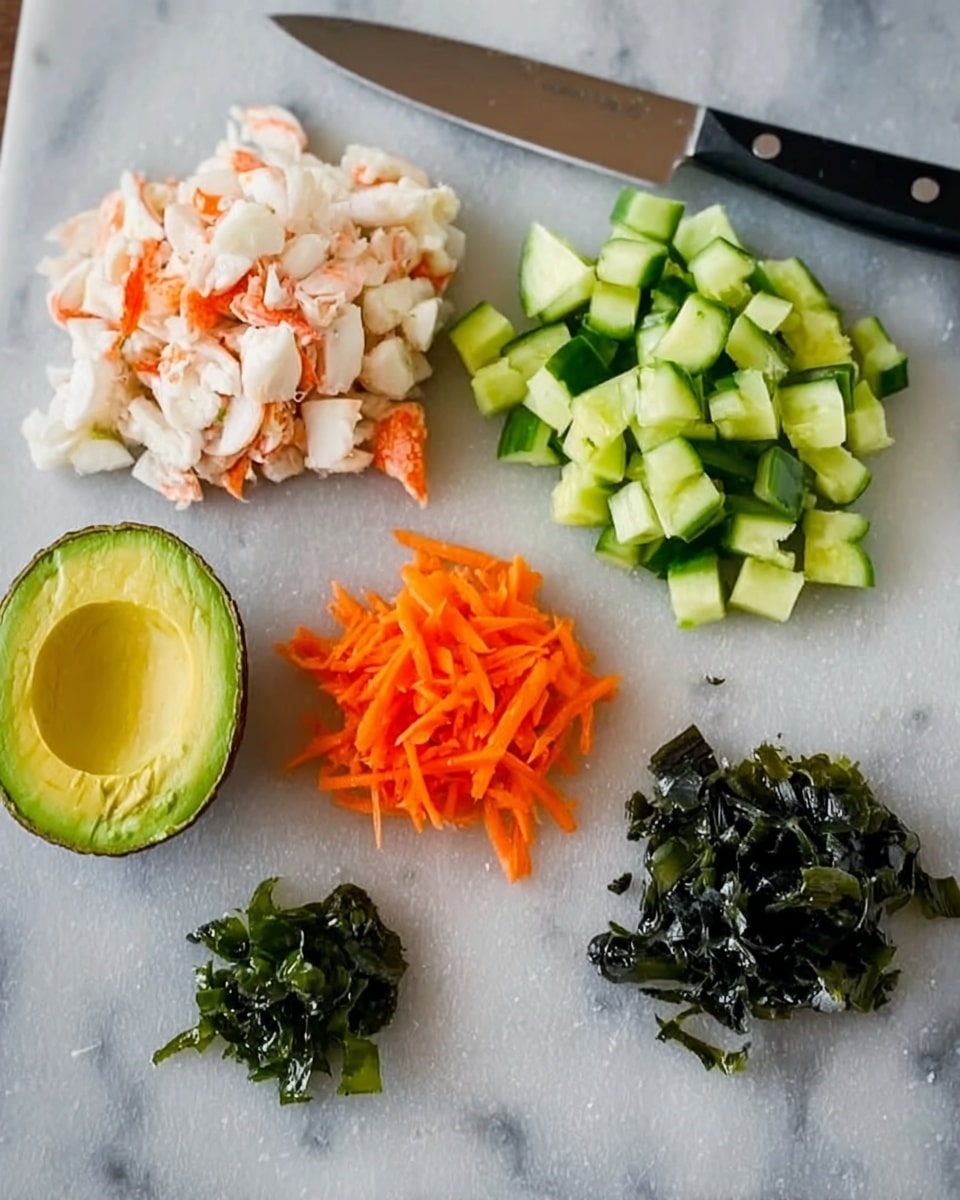 The image shows a white marbled surface with various chopped ingredients laid out neatly. On the top left, there is a pile of white and orange crab meat-like pieces. To the right of that, there is a pile of small green cucumber cubes. Below the cucumber, there is a small pile of thin, shredded bright orange carrots. In the center bottom, there is a small pile of dark green seaweed pieces. To the left, there is a halved green avocado, with one half intact and the other half diced into small cubes. On the far left side, a silver knife with a black handle lies flat on the white marbled surface with a woman's hand not visible but implied to be nearby. Photo taken with an iphone --ar 4:5 --v 7
