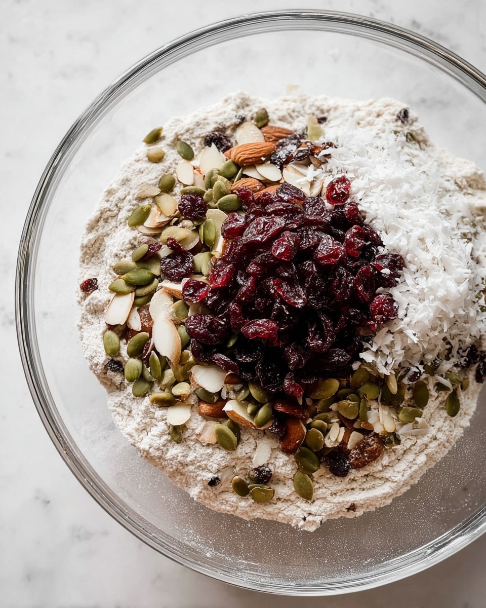 A clear glass bowl sits on a white marbled surface filled with layers of dry ingredients for baking. The bottom layer is light beige flour, unevenly spread. Above it are green pumpkin seeds mixed with pale sliced almonds, both scattered evenly. On top of these is a layer of bright white coconut flakes with a slightly rough texture. The top layer is a heap of dark red dried cranberries with a wrinkled surface, centered in the bowl. The ingredients show color contrast and textures in a natural mix. Photo taken with an iphone --ar 4:5 --v 7