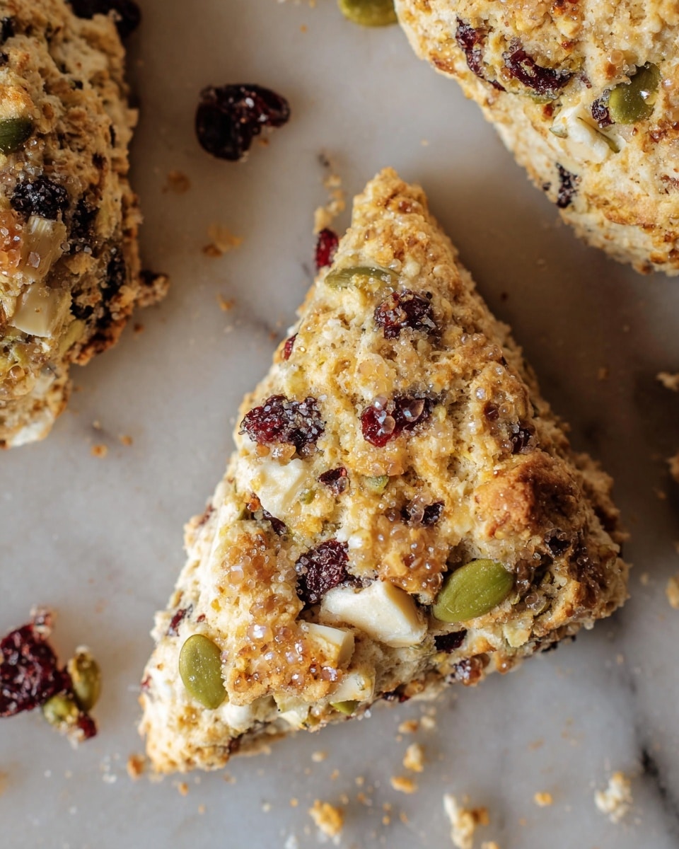 The image shows a close-up of a triangular scone with a textured surface that includes visible layers of oats, dried cranberries, green pumpkin seeds, and white chunks of cheese or nuts, all held together by a light creamy dough. The top of the scone is sprinkled with coarse brown sugar crystals that add a shiny and crunchy look. The scone rests on a white marbled surface with crumbs scattered around it, creating a natural and fresh presentation. Photo taken with an iphone --ar 4:5 --v 7