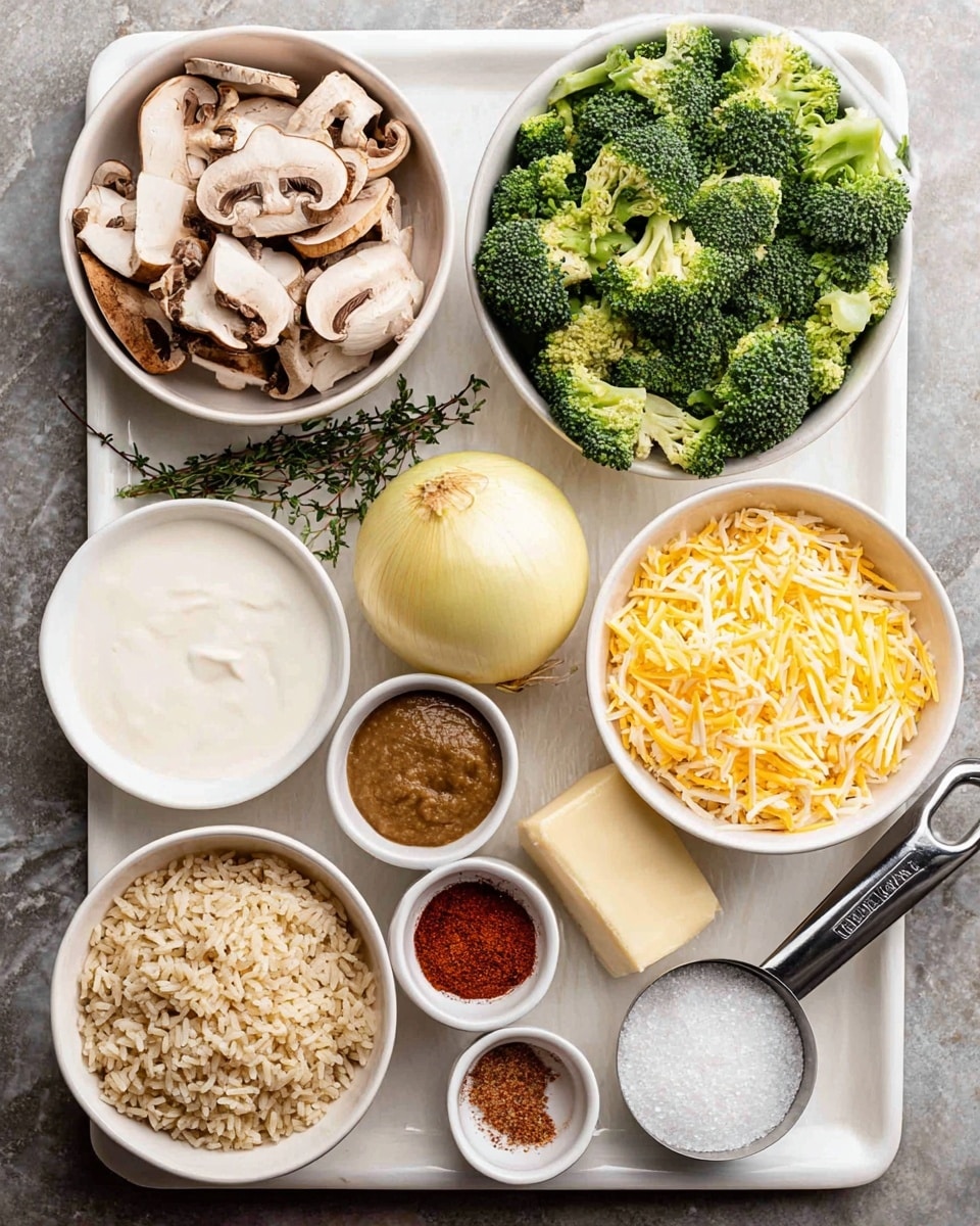 The image shows a white baking tray with several ingredients neatly placed on it. In the top left is a white bowl filled with sliced brown mushrooms, next to it on the right is a white bowl full of fresh green broccoli florets. Below the mushrooms is a sprig of fresh thyme alongside a garlic clove and a pat of butter. At the center sits a whole yellow onion. To the right of the onion is a small white bowl with a thick brown mustard-like paste. Next to that is a metal measuring spoon with white powder, likely flour. Below the mustard and spoon is a white bowl full of cooked brown rice. At the bottom left is a white bowl with a creamy white substance, probably sour cream. Above it is a small white bowl containing reddish powdered seasoning. Between the rice and sour cream is a white bowl filled with two different types of shredded cheese in yellow and white. The setup is on a white marbled textured surface. Photo taken with an iphone --ar 4:5 --v 7