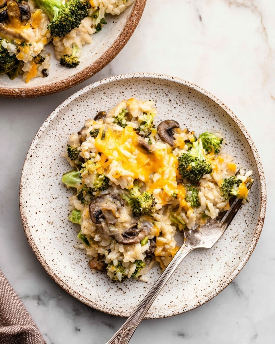 A close-up view of a white speckled plate filled with a creamy rice dish that includes small broccoli florets, sliced mushrooms, and melted golden cheese on top, creating a mix of green, brown, and yellow colors throughout. A shiny silver fork rests on the plate with part of the dish picked up, showing the textures of soft rice, tender vegetables, and smooth melted cheese. The plate sits on a white marbled surface, and part of a second plate with the same dish is visible at the top. Photo taken with an iphone --ar 4:5 --v 7