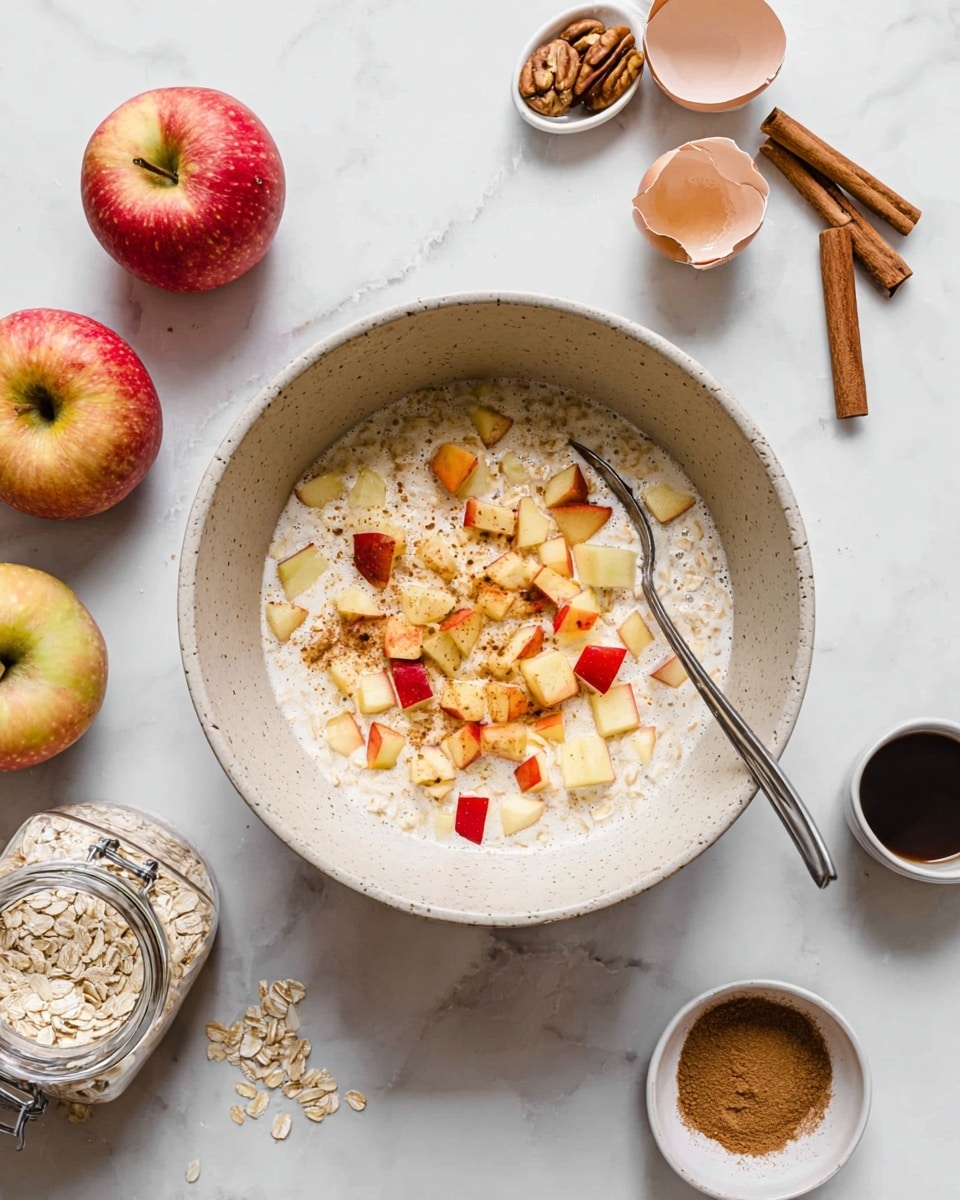 A white mixing bowl with a rough beige inside holds a mixture of creamy liquid and oats at the bottom, topped with small pieces of chopped red and yellow apple. A metal spoon is inside the bowl on the right side. Around the bowl, on a white marbled surface, there are whole apples, a small white bowl filled with chopped nuts, cinnamon sticks, an open jar filled with oats, scattered eggshells, a small bowl with a dark liquid, and a spoon with brown powder. Photo taken with an iphone --ar 4:5 --v 7