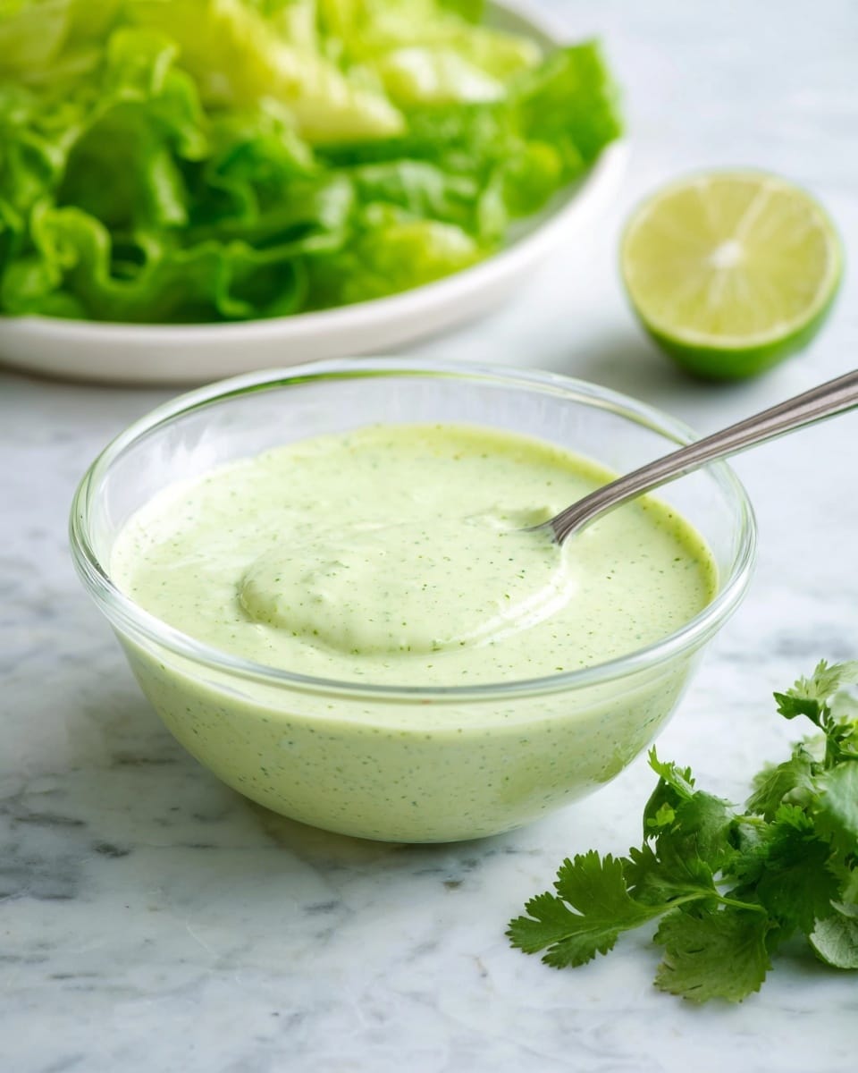 A clear glass bowl sits on a white marbled surface, filled with light green sauce that has tiny darker green specks throughout, giving it a smooth, creamy texture. A silver spoon rests inside the bowl, slightly lifting a portion of the sauce. Behind the bowl on the left, a white plate holds fresh, bright green leafy lettuce. To the right, there is a half-cut lime showing its juicy, pale green inside, next to a small bunch of fresh cilantro. The background is a soft focus of the same white marbled texture. Photo taken with an iphone --ar 4:5 --v 7