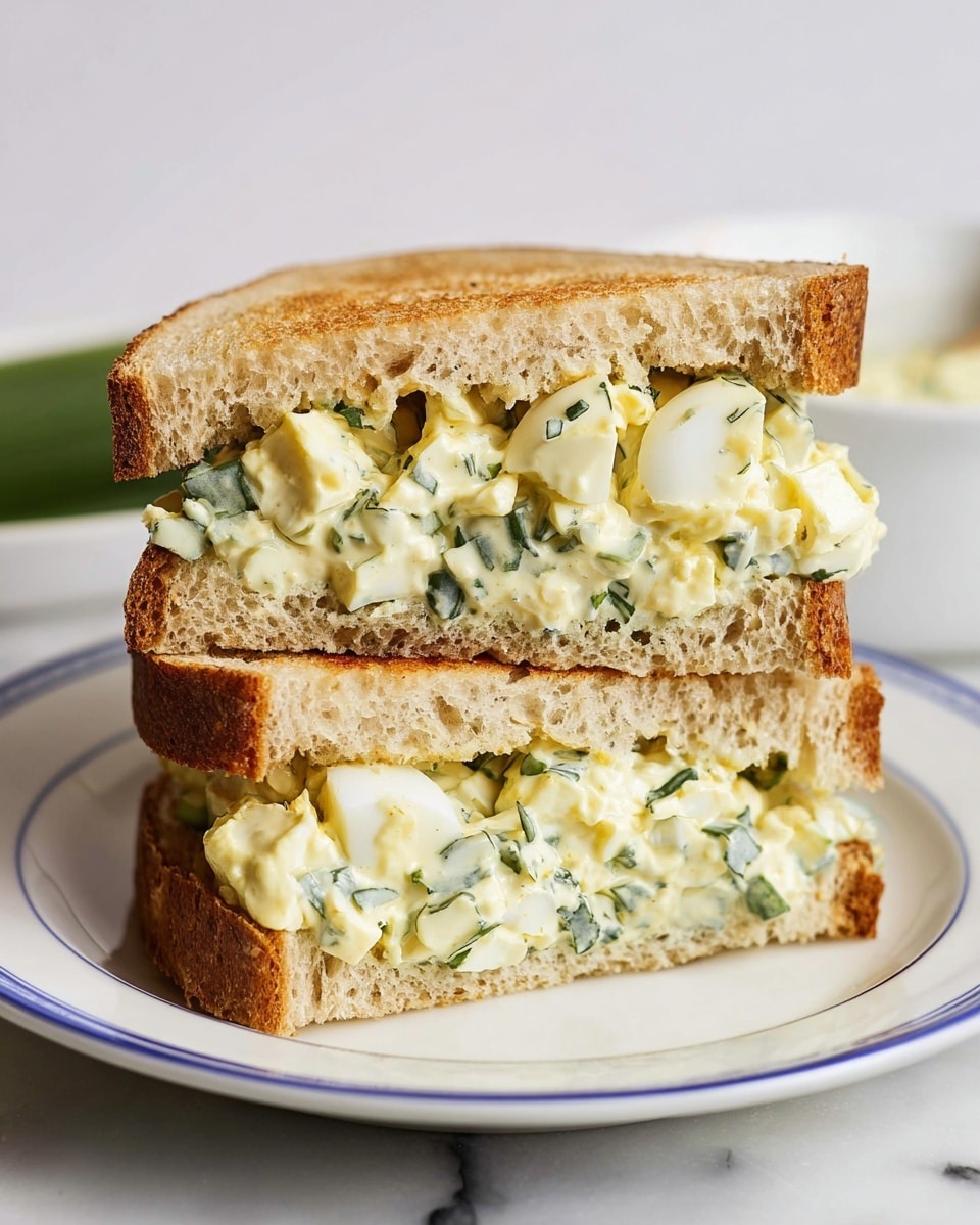 A sandwich cut in half stacked on a white plate with a thin blue rim, placed on a white marbled surface. Each half has two layers of light brown toasted bread with an airy texture. Between the bread is a thick filling of creamy egg salad mixed with green herbs and small diced pieces of egg whites and yolks, visible through the uneven, chunky texture. In the background, there is a blurred white bowl and some green sauce visible. Photo taken with an iphone --ar 4:5 --v 7