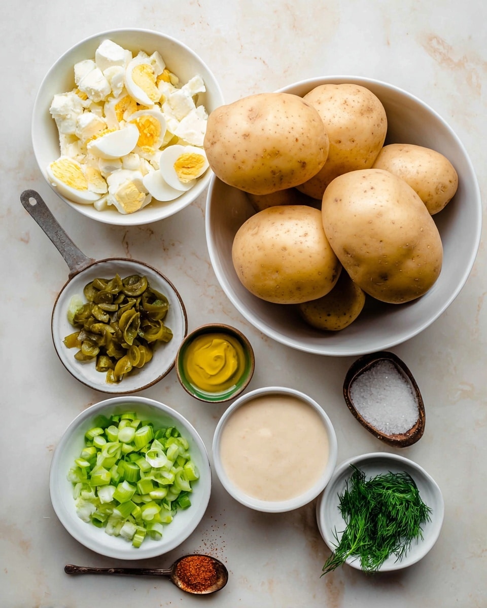 The image shows a collection of ingredients arranged neatly on a white marbled surface. At the center, there is one white bowl filled with four large unpeeled potatoes. Above it, slightly to the left, is another white bowl containing chopped hard boiled eggs with white and yellow pieces. To the right, there is a white bowl with a creamy sauce, light beige in color, with a small bowl of salt and pepper next to it. Below and around the bowls, small containers hold finely chopped green celery, chopped pickles, thinly sliced green onions, fresh dill, a small cup of yellow mustard, and a spoon with some red powder on it. The layout is simple, clean, and well-organized. photo taken with an iphone --ar 4:5 --v 7