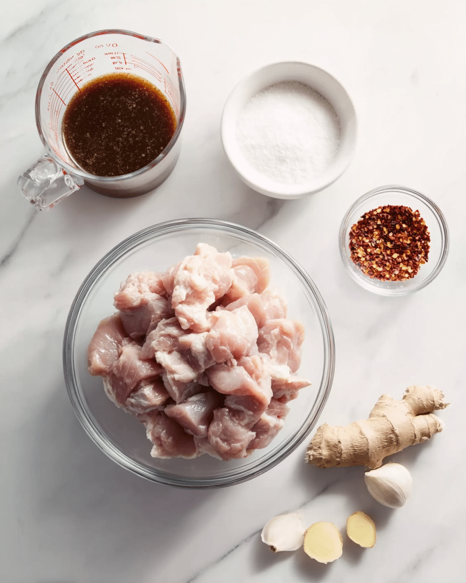 The image shows a clear glass bowl filled with raw, pale pink chicken pieces placed centrally on a white marbled surface. To the left of the bowl, there is a clear white measuring jug containing a dark brown liquid with a slightly oily surface. In front of the bowl, there is a small white bowl holding a fine white powder. To the right of this bowl, there is a very small clear bowl with red chili flakes. On the far right side of the image, a light brown piece of fresh ginger root and two peeled white garlic cloves rest on the white marbled surface. The overall scene is neat and clean with a bright, natural light. photo taken with an iphone --ar 4:5 --v 7