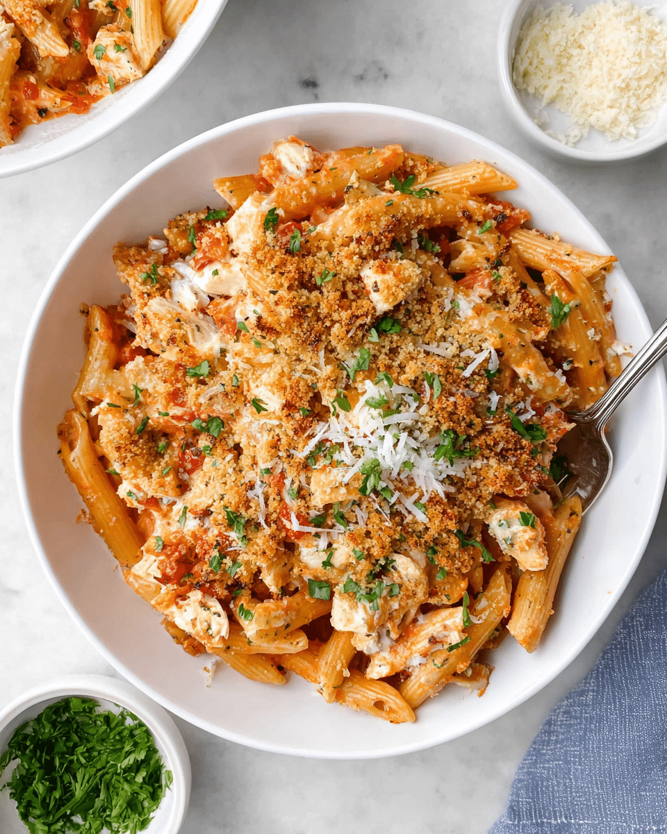 A white bowl filled with three layers of penne pasta mixed with light red tomato sauce and pieces of white chicken scattered throughout. The pasta is topped with a golden-brown crumbly layer and sprinkled with small bright green parsley leaves and finely grated white cheese, creating a textured and colorful contrast. Part of a silver spoon is visible in the bowl. The bowl is placed on a white marbled surface, with a small white bowl of grated cheese and some chopped green herbs visible nearby. photo taken with an iphone --ar 4:5 --v 7