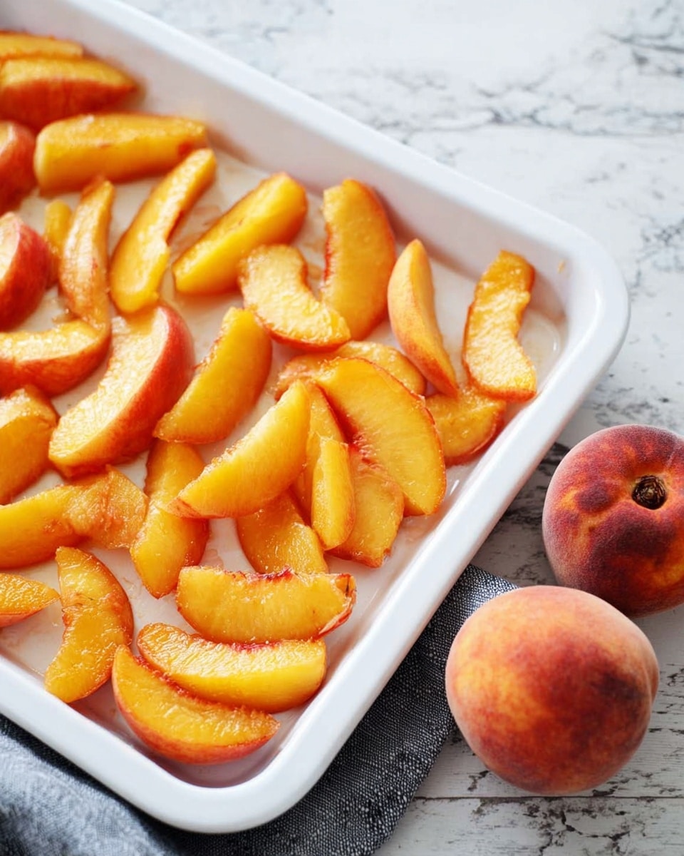 The image shows a white baking tray filled with many slices of peeled peaches arranged in a single layer, each slice a warm orange-yellow color with soft texture and some red blush on the edges. To the right of the tray on a white marbled surface lies a whole peach with fuzzy skin, mostly orange with soft red patches. A grey cloth is partly visible at the bottom left corner of the image. The scene is bright and natural, focusing on the freshness of the fruit, photo taken with an iphone --ar 4:5 --v 7