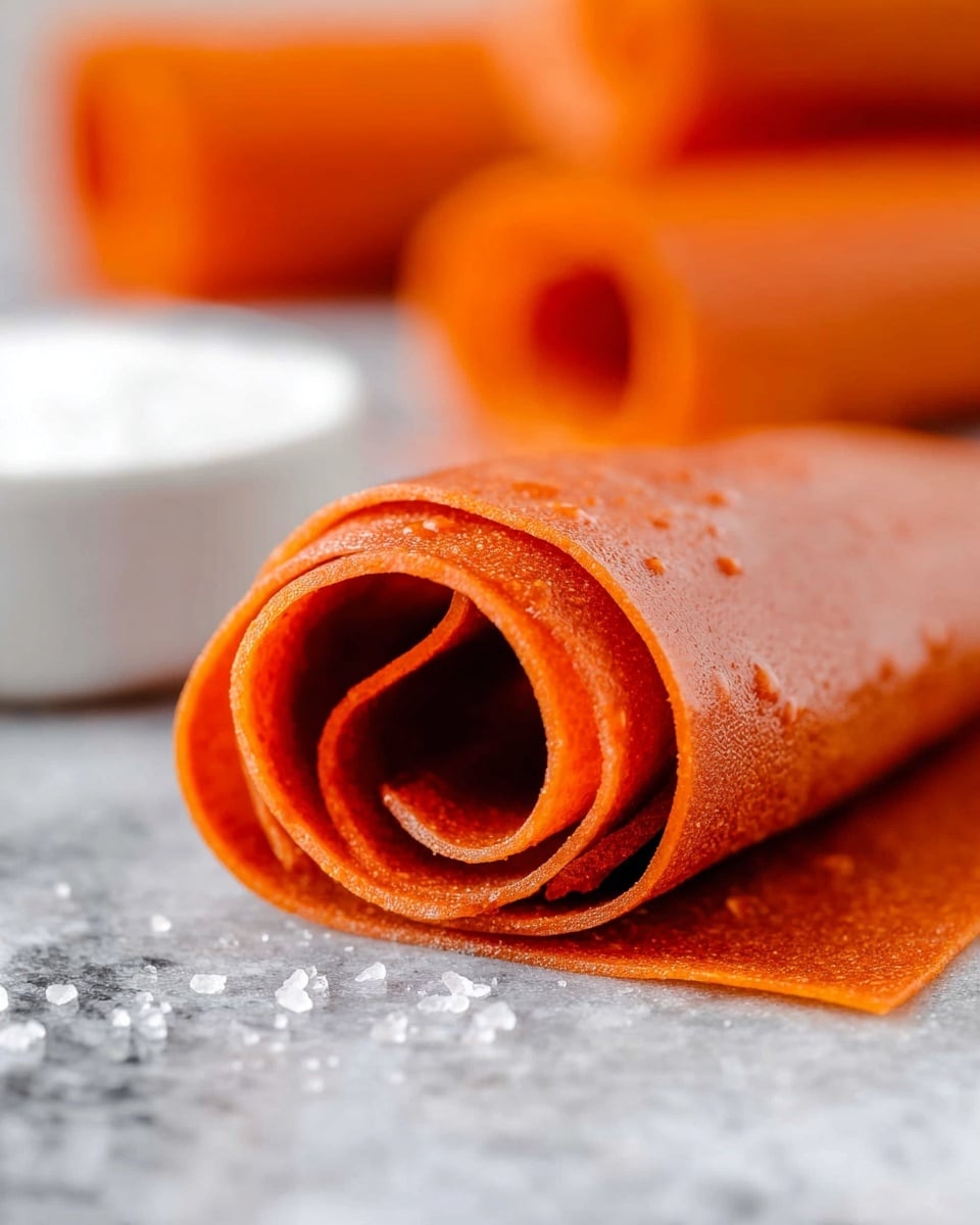 The image shows a close-up of a rolled orange fruit leather with smooth and slightly shiny texture, featuring a few small air bubbles on its surface. The fruit leather roll has multiple thin layers tightly coiled together, with the outer layer showing a rich, vibrant orange color. In the background, blurred shapes of more orange fruit leather rolls and a small white bowl with white granules can be seen on a white marbled surface, adding to the fresh and clean look of the scene. Photo taken with an iphone --ar 4:5 --v 7