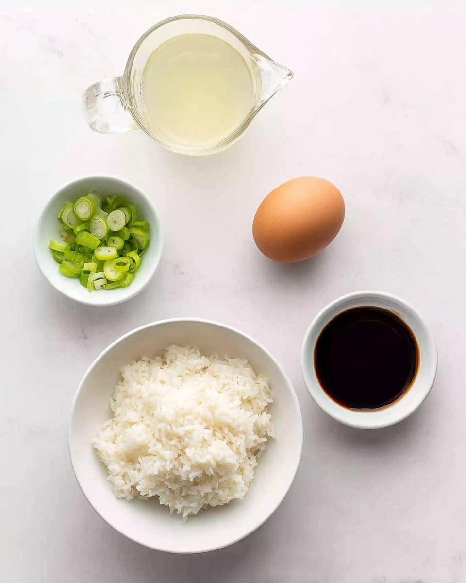 The image shows five separate ingredients placed neatly on a white marbled surface. At the center is a white bowl filled with a small mound of white rice with soft, fluffy texture. To the left of the bowl is a clear pitcher filled with a pale yellow liquid. Above the bowl is a whole brown egg. To the right of the egg is a small white bowl filled with dark brown soy sauce, smooth and reflective. To the left of the soy sauce is another small white bowl holding sliced green onions, each slice fresh and bright green. photo taken with an iphone --ar 4:5 --v 7