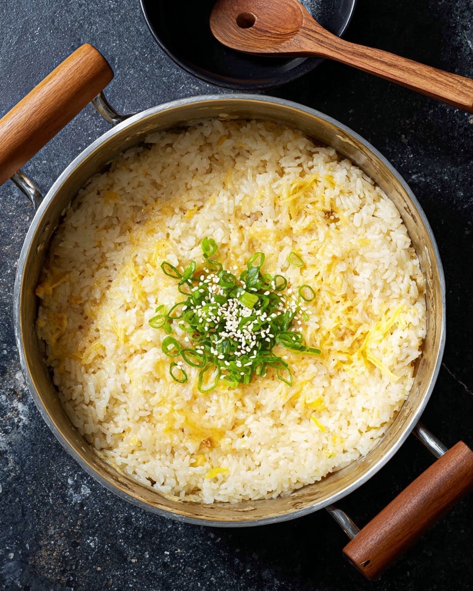 A pot filled with cooked rice forms the base layer, pale yellow and slightly sticky in texture, with hints of melted cheese melted unevenly across the surface. At the center of the rice, there is a small pile of bright green chopped scallions sprinkled with white sesame seeds, adding a fresh contrast. The pot has metal sides and wooden handles, placed on a dark textured surface that would be changed to a white marbled texture. Above the pot, a black bowl with a wooden spoon rests slightly out of focus. The lighting highlights the glossy and creamy textures of the rice and cheese, making the dish look warm and inviting. photo taken with an iphone --ar 4:5 --v 7