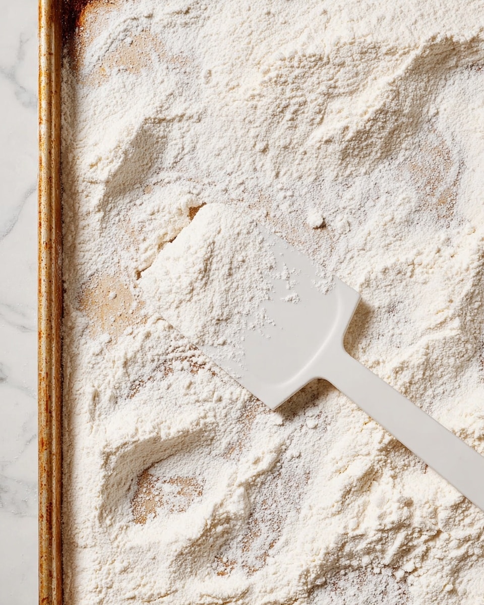 A close-up view of a baking tray covered with an uneven layer of white flour that is spread across the surface showing some patches of the tray underneath. A white spatula lies diagonally on top of the flour with a slightly raised handle and some flour sticking to its flat surface. The tray has a rustic, light brown edge and the background is a white marbled texture. Photo taken with an iphone --ar 4:5 --v 7