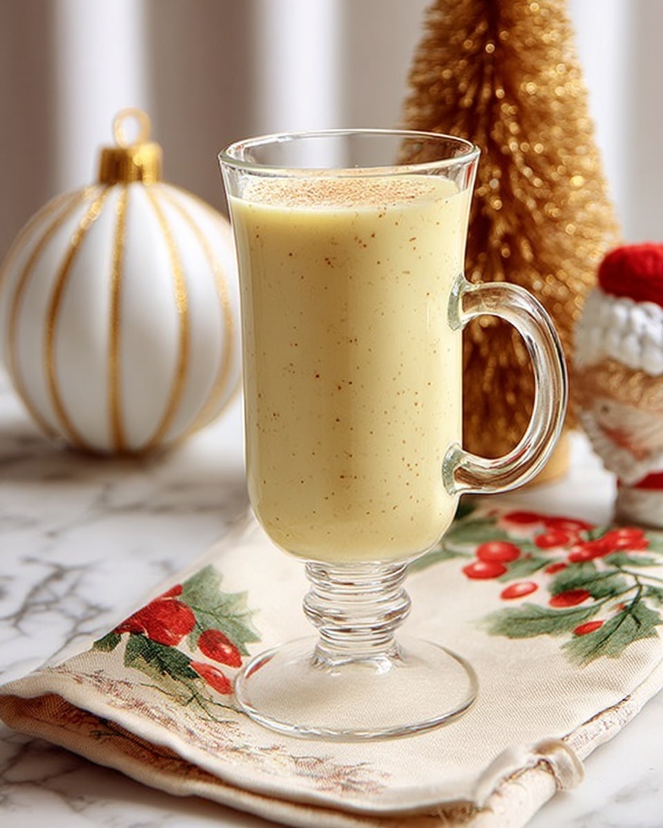 A tall clear glass mug with a large handle is filled almost to the top with a thick pale yellow drink speckled with tiny brown dots, sitting on a festive cream-colored cloth with red berries and green leaves. In the background, to the left is a white round ornament with gold stripes and a gold cap, while to the right there is a golden brown decoration shaped like a pine tree with a white face and silver beard. The whole scene is set on a white marbled surface. photo taken with an iphone --ar 4:5 --v 7