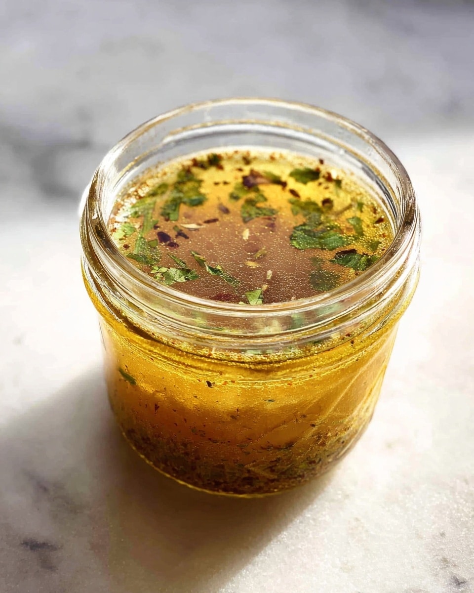 A small clear glass jar filled with a golden yellow liquid dressing topped with visible green herbs and small spices, slightly oily and glistening with tiny bubbles on the surface, sitting on a white marbled texture. photo taken with an iphone --ar 4:5 --v 7