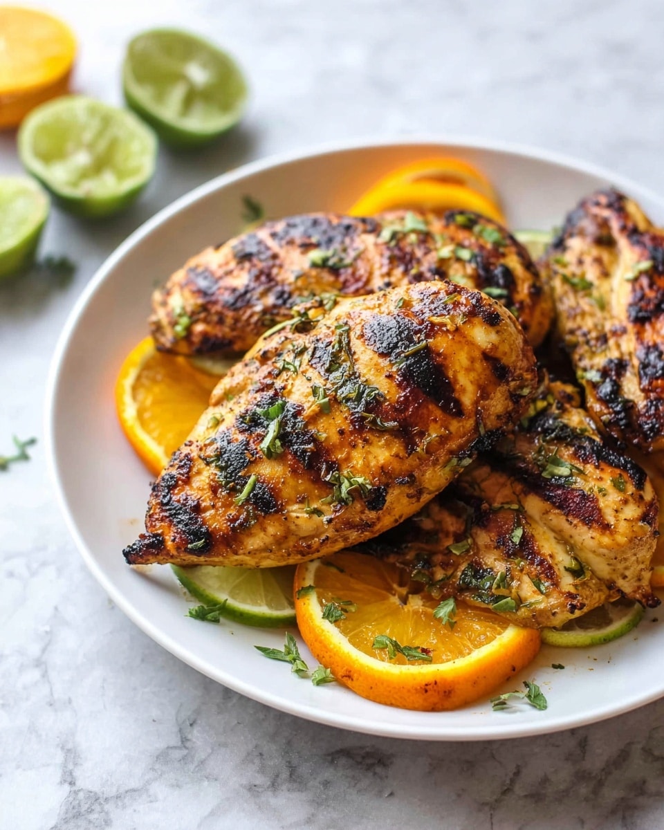The image shows a white plate with three grilled chicken pieces that have a golden-brown color with charred grill marks and green herbs sprinkled on top. Underneath the chicken, there are layers of orange, lemon, and lime slices arranged in a stack, adding bright yellow, green, and orange colors. There are also small green herb sprigs scattered on and around the chicken. The plate sits on a white marbled surface, with some lime and orange wedges blurred in the background. photo taken with an iphone --ar 4:5 --v 7