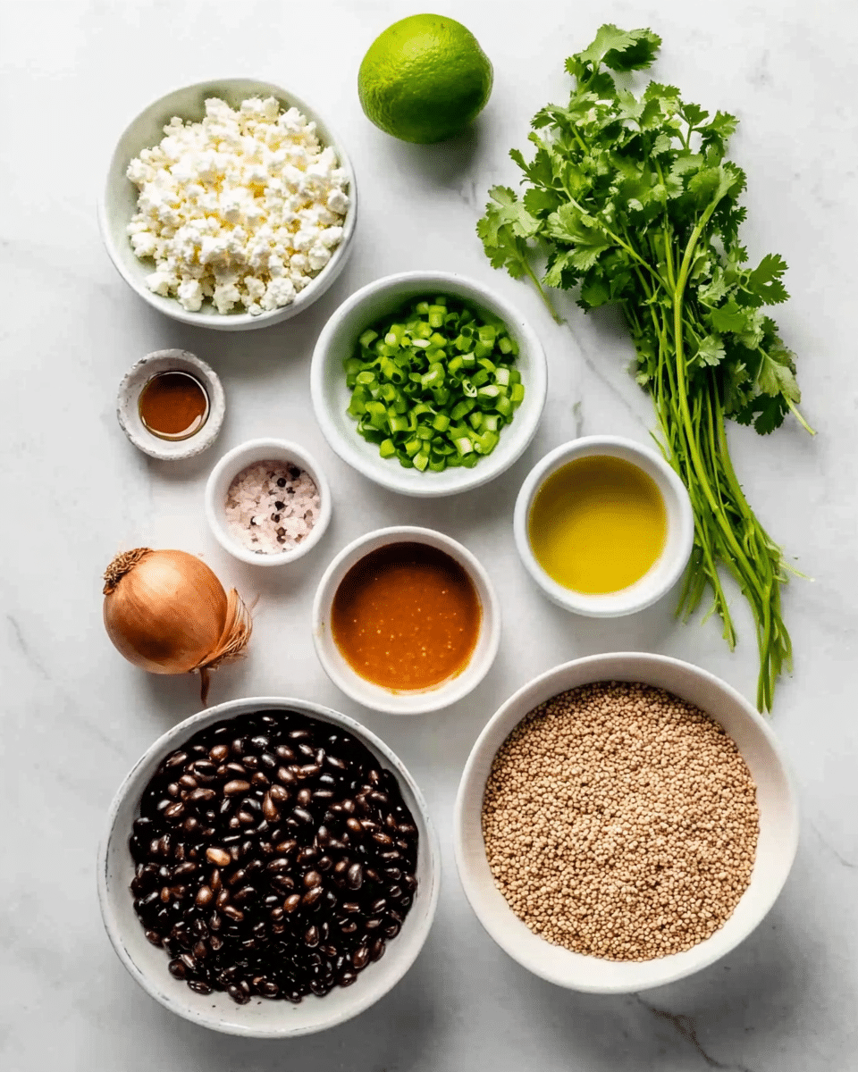 The image shows several white bowls and a few ingredients arranged on a white marbled surface. Starting from the top left, there is a white bowl filled with white crumbly cheese. Next to it is a whole green lime, and to the right, a bunch of fresh green cilantro with visible stems. Below those, there is another white bowl filled with chopped green onions. To the bottom left is a small white bowl with pink salt and black pepper. Next to it is a white bowl containing golden-yellow olive oil. Below that is a small white bowl with a warm orange sauce. To the right of that is a white bowl filled with beige sesame seeds. In the center bottom is a large white bowl with shiny black beans. Above that is a single shallot with brown outer skin. At the bottom left corner, there is a small glass measuring cup filled with brown liquid. A woman’s hand holds the lime at the center top, and the whole scene is bright and neatly arranged. Photo taken with an iphone --ar 4:5 --v 7