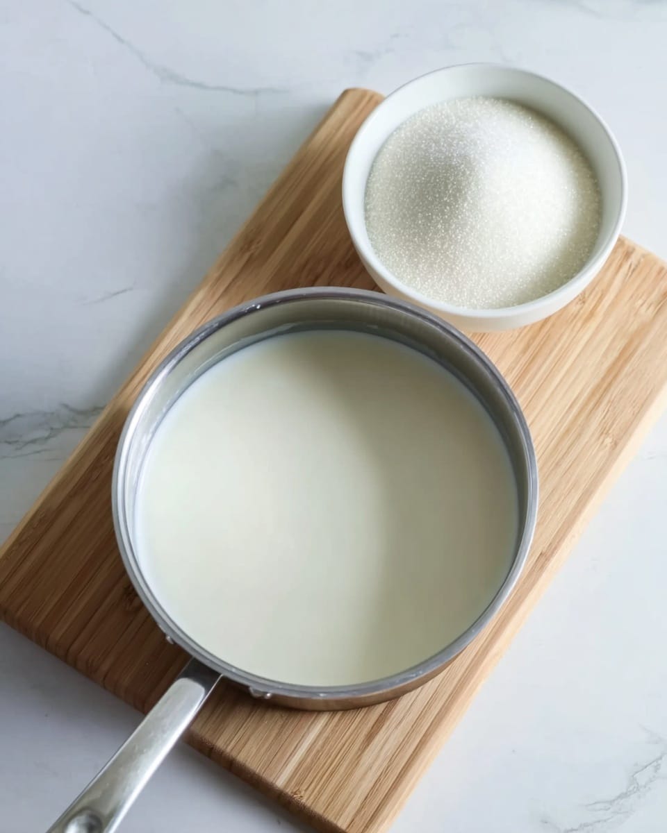 The image shows a pot filled with smooth, white milk placed on a light wooden board with natural grains. Above the pot, there is a small white bowl filled with white sugar, positioned slightly to the upper right on the wooden board. The background is a white marbled surface, creating a clean and simple setting. Photo taken with an iphone --ar 4:5 --v 7