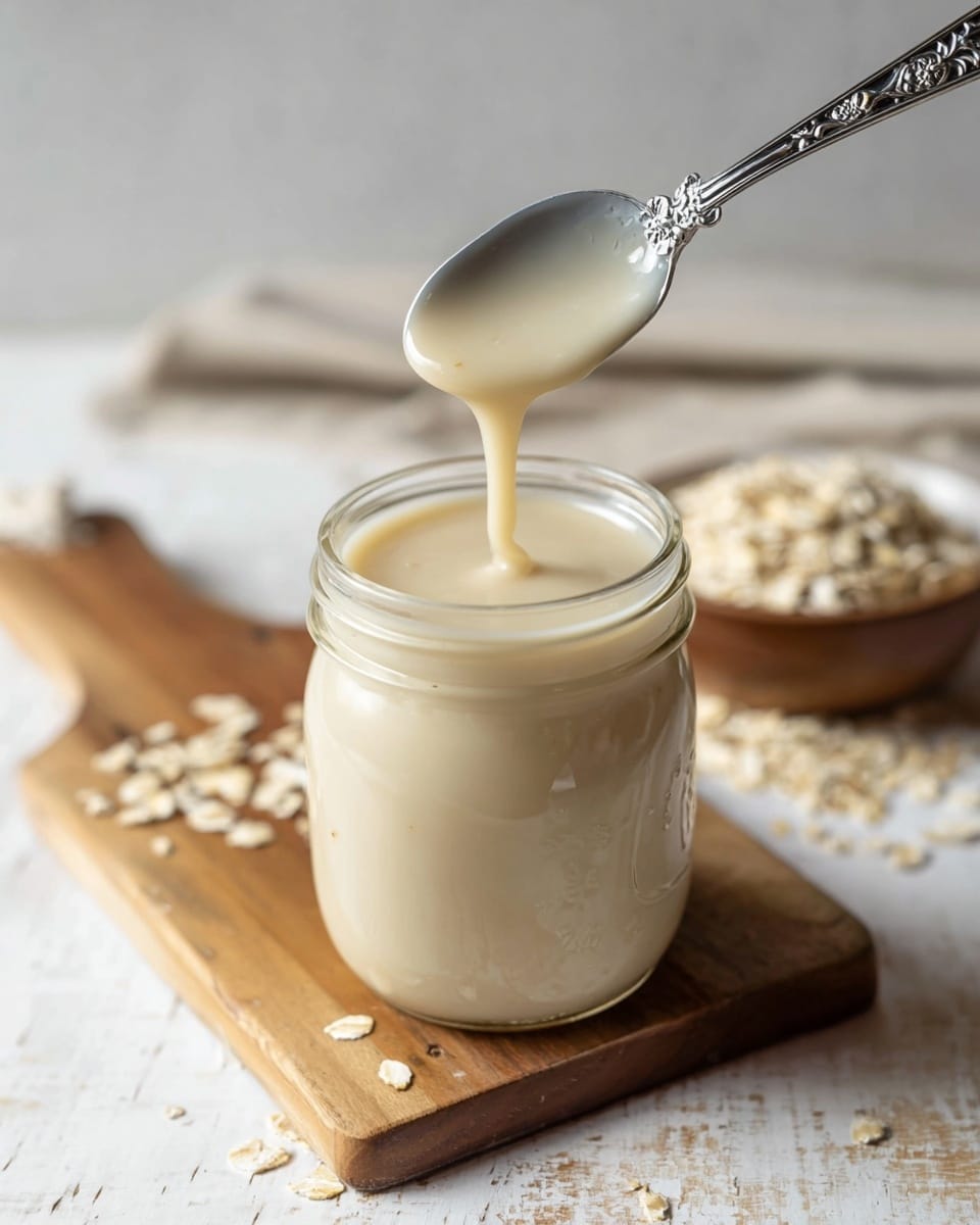 A clear glass jar filled with a smooth, creamy, light beige sauce or liquid. A shiny silver spoon decorated with a floral pattern is held above the jar, dripping the thick sauce back into it. In the background, a small bowl filled with oatmeal flakes sits on a wooden cutting board, and some oatmeal flakes are scattered on the board around the jar. The scene is set on a white marbled textured surface, with soft natural light creating gentle reflections on the sauce and spoon. photo taken with an iphone --ar 4:5 --v 7