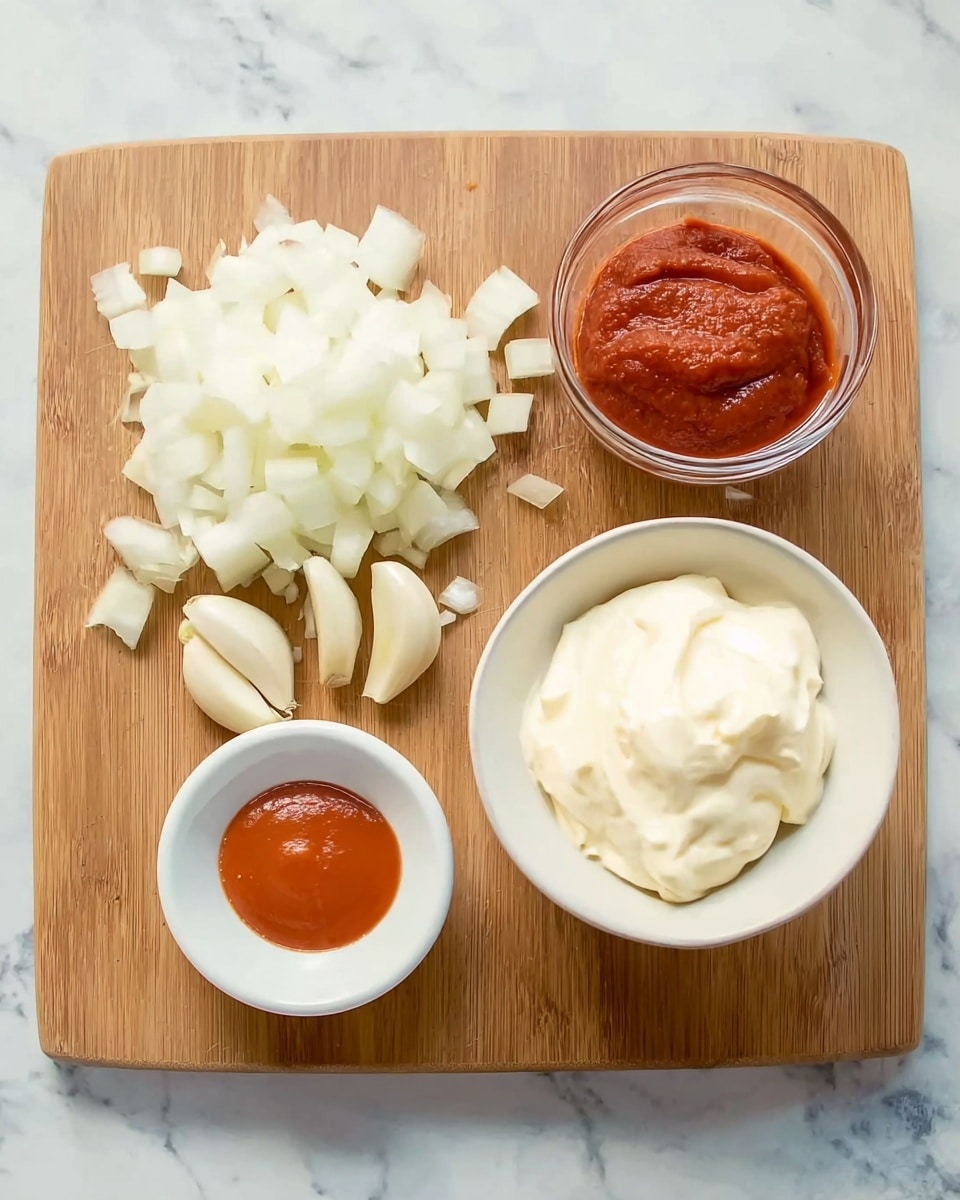 The image shows a wooden board with four main items neatly arranged. On the left side, there is a pile of chopped white onion with irregular small pieces. Next to it are four whole garlic cloves placed in a row. Above the garlic is a small clear glass bowl filled with bright red tomato paste, smooth in texture. On the right side, there is a white bowl filled with thick creamy white mayonnaise. Below the mayonnaise bowl, there is a smaller white bowl containing a small amount of orange-red hot sauce. The entire setting is on a white marbled surface. Photo taken with an iphone --ar 4:5 --v 7