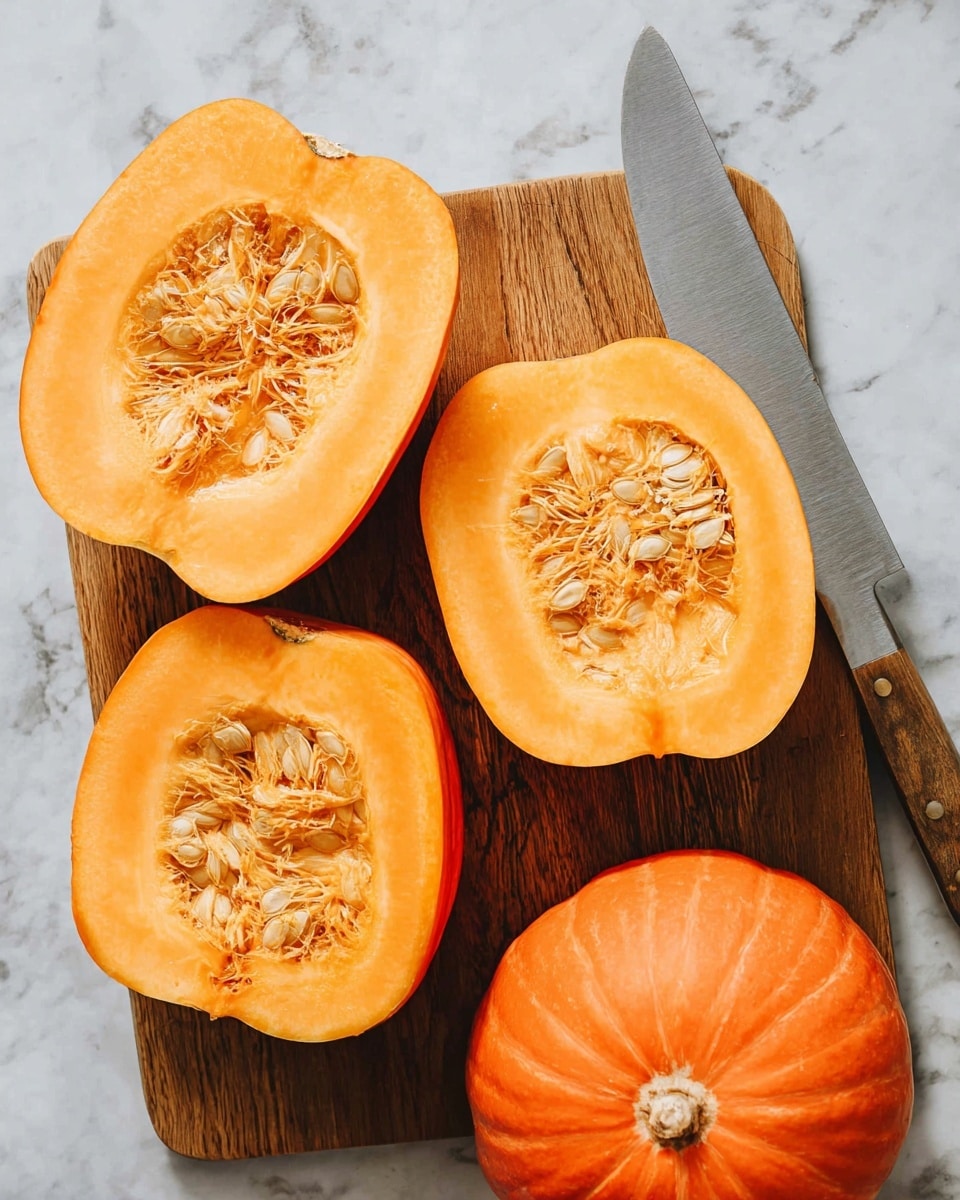 The image shows three halves of bright orange pumpkin placed on a wooden cutting board. Two of the pumpkin halves are facing up, showing the inner light orange flesh and a central cavity filled with pale cream pumpkin seeds and fibrous threads. One whole pumpkin with smooth, round ridges and orange skin sits below the halves. A large knife with a grey blade and a wooden handle rests on the right side of the cutting board. The surface beneath the board is a white marbled texture. photo taken with an iphone --ar 4:5 --v 7