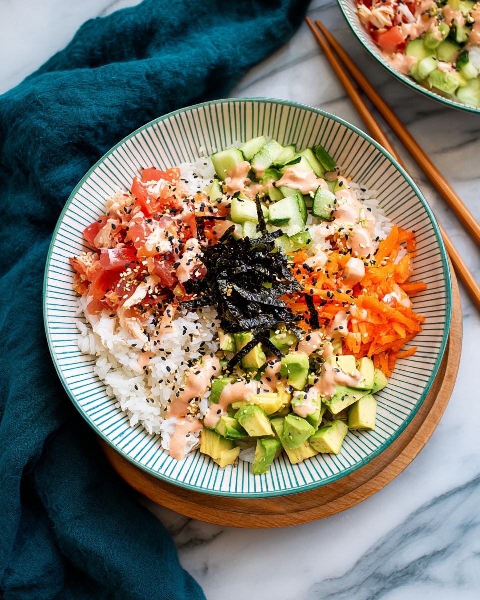 The dish is served in a white bowl with blue-green stripes on the inside, placed on a round wooden board on a white marbled surface. The bowl contains five main layers arranged side by side on a bed of white rice: bright red and white pieces of imitation crab, light green diced cucumber, orange shredded carrots, dark green diced avocado, and small irregular black seaweed pieces. A light pinkish-orange sauce is drizzled over all ingredients, along with black and white sesame seeds scattered on top. A pair of wooden chopsticks rests on the marbled surface near the bowl, with a dark teal cloth nearby. Photo taken with an iphone --ar 4:5 --v 7