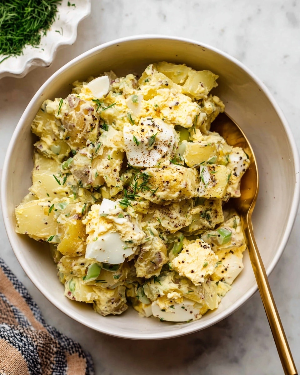A white bowl filled with a chunky potato salad showing three layers: the bottom layer has soft, rough potato chunks in light yellow with some green bits; the middle layer contains pieces of creamy white boiled eggs mixed with the potatoes; the top layer is sprinkled with finely chopped green herbs and cracked black pepper, giving a fresh and slightly coarse texture. A gold spoon rests inside the bowl on the right side. The bowl is placed on a white marbled surface, with a partially visible white scalloped dish holding green herbs in the background. Photo taken with an iphone --ar 4:5 --v 7