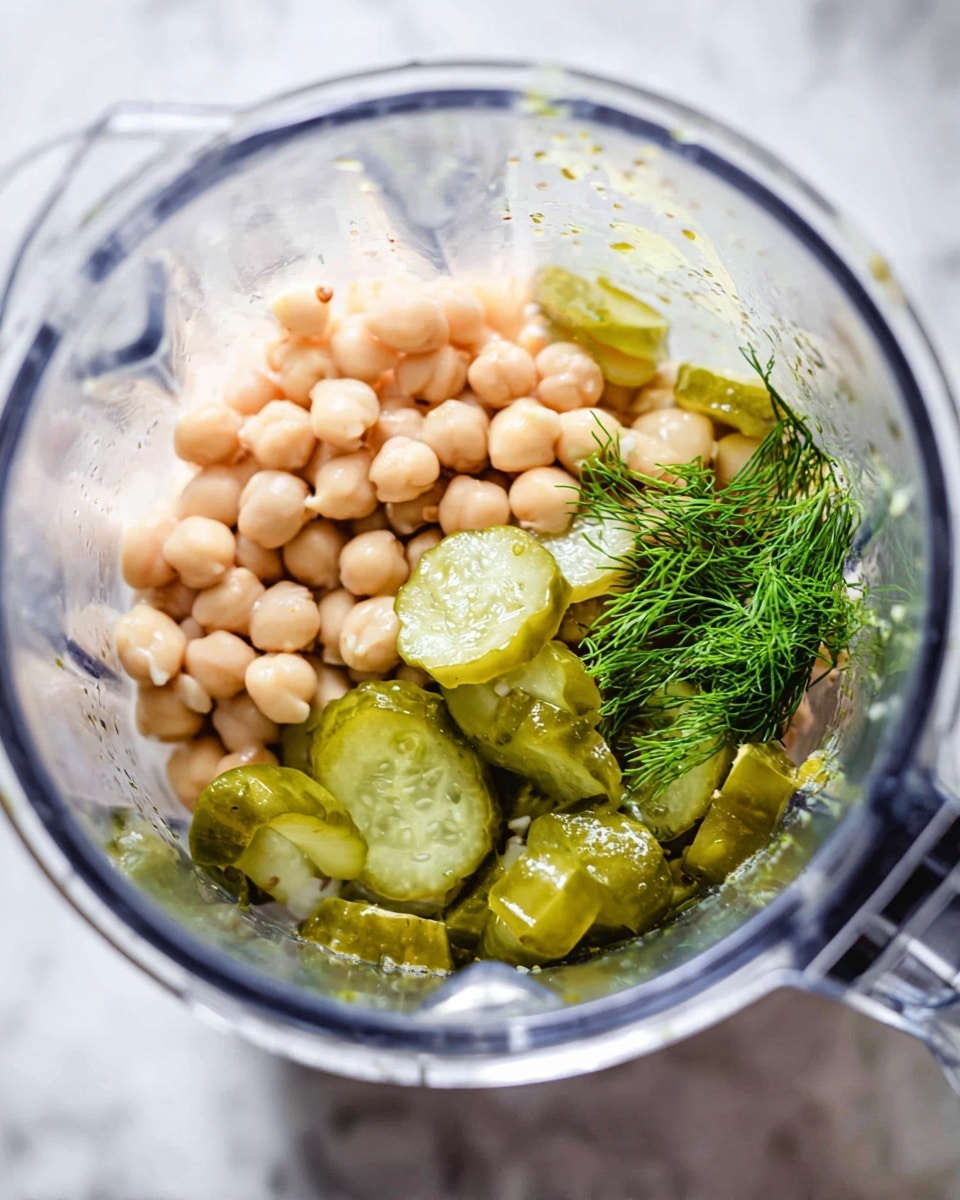 Inside a clear blender jar on a white marbled surface, there is a mix of ingredients. The bottom layer is made of small round pale pink chickpeas that fill most of the jar. On top of the chickpeas, there is a layer of bright green pickle slices scattered unevenly. Towards the right side, a few sprigs of fresh green dill lay on top, adding a feathery texture. The light shines on the glossy pickles, making them look wet and fresh. photo taken with an iphone --ar 4:5 --v 7