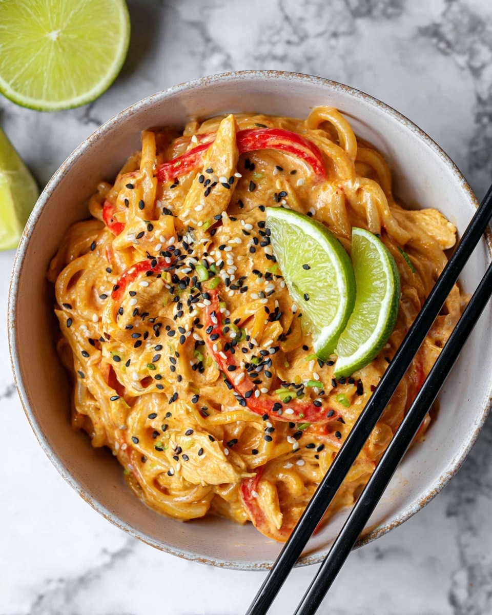 A white bowl filled with orange creamy noodles mixed with thin red pepper slices and small pieces of light-colored chicken, topped with black and white sesame seeds scattered over the surface. On top, two bright green lime wedges rest side by side, leaning slightly. Two black chopsticks sit across the edge of the bowl. The bowl is placed on a white marbled surface with a portion of a lime wedge visible in the background. photo taken with an iphone --ar 4:5 --v 7