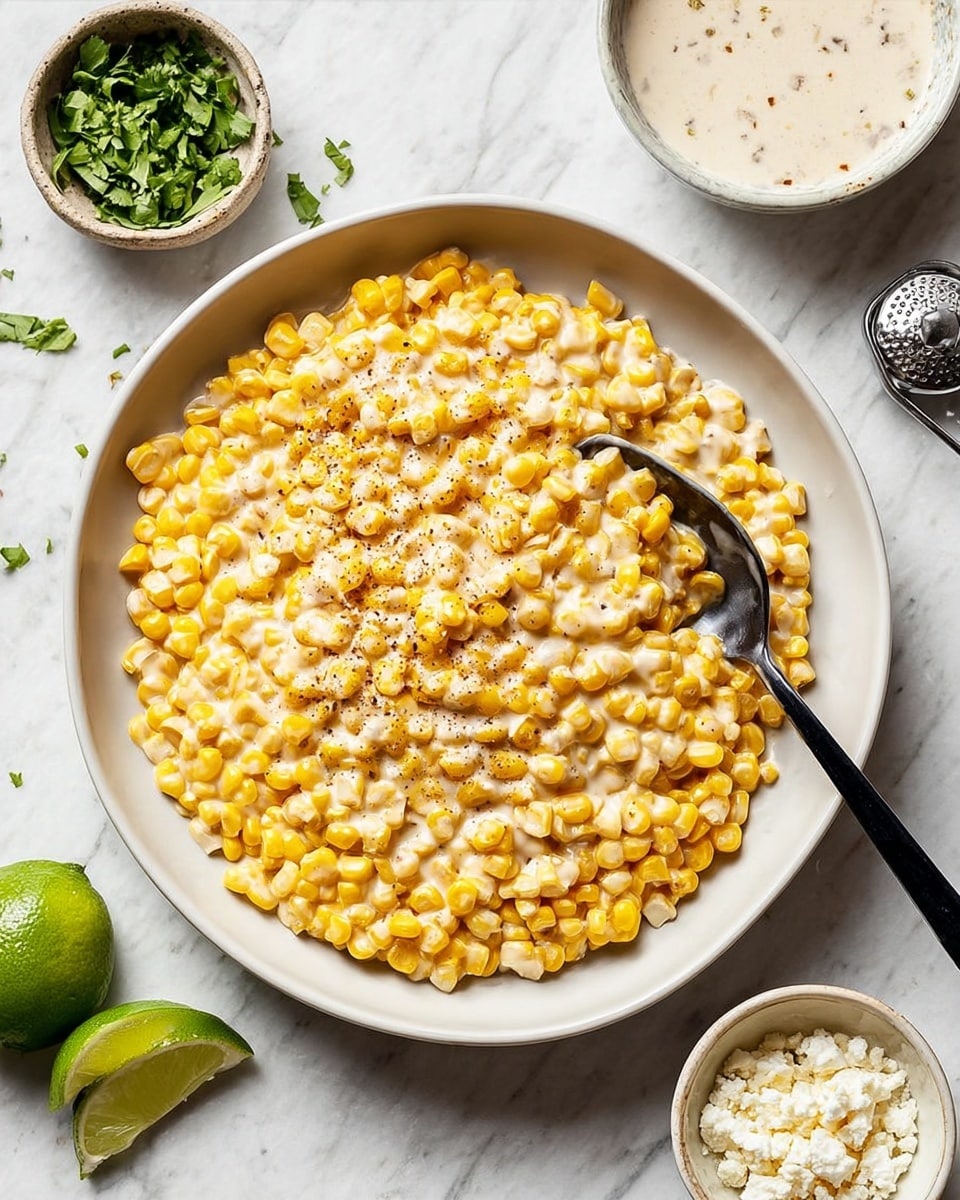 A white round plate filled with a creamy corn dish showing about two layers; the bottom layer is bright yellow corn kernels, and the top layer is a light creamy sauce mixed evenly with small specks of black pepper. A black spoon rests inside the plate, partially covered by the corn. Around the plate, there are small bowls with white sauce, chopped green herbs, and crumbled white cheese, all placed on a white marbled surface. A lime half and a metal lemon squeezer are also visible near the plate. photo taken with an iphone --ar 4:5 --v 7