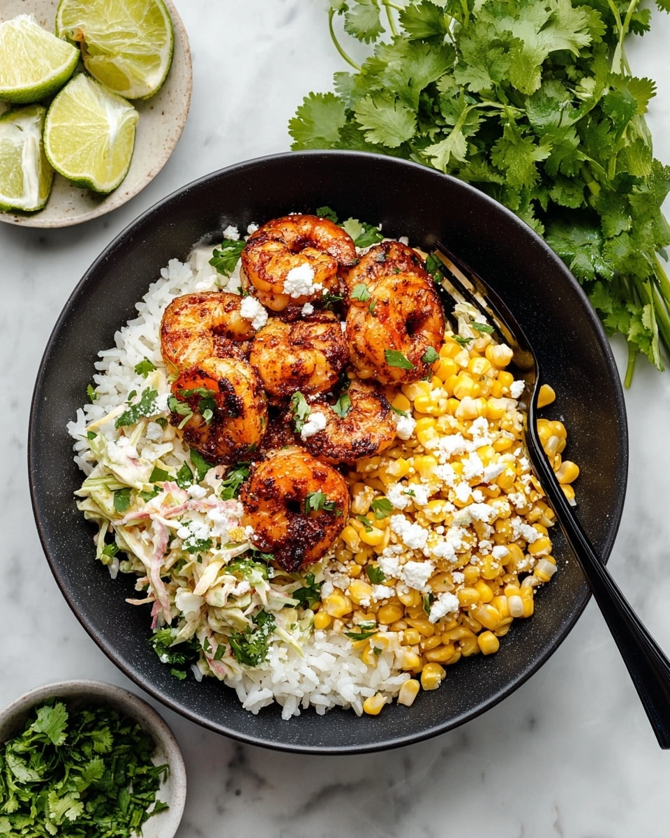 A black bowl holds a layered dish starting with a base of white rice on the right side, topped with a mixture of bright yellow corn and small bits of green herbs. To the left, there is a layer of creamy white slaw with thin, colorful vegetable strips. On top of the slaw and corn are six reddish-brown cooked shrimp, seasoned and slightly charred, garnished with scattered crumbly white cheese and fresh green cilantro leaves. A black fork rests inside the bowl on the right side, slightly touching the rice. Around the bowl, a white marbled surface is scattered with bright green cilantro leaves and nearby are small white bowls containing extra fresh green cilantro and crumbly white cheese, as well as a plate with wedge-cut lime pieces. Photo taken with an iphone --ar 4:5 --v 7