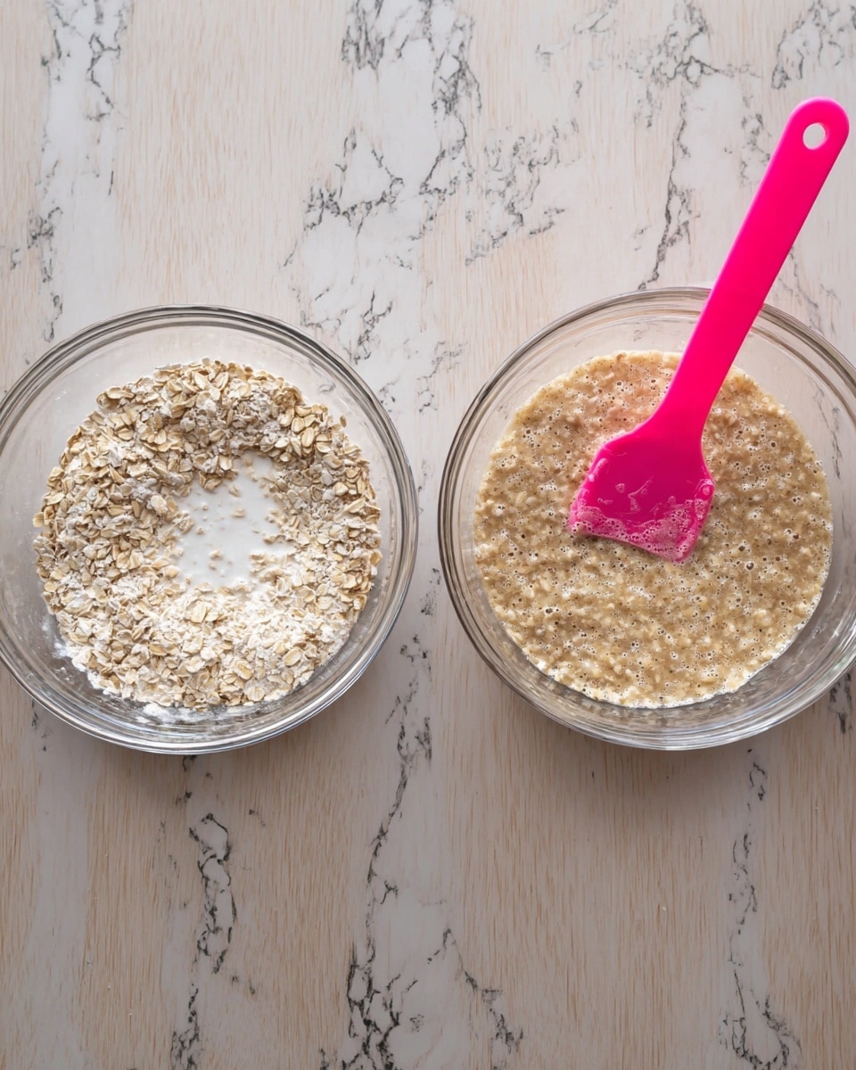 The image shows two clear glass bowls on a white marbled surface, each with oats inside. The left bowl contains dry oats mixed with a small amount of white liquid, and a bright pink silicone spatula resting in the bowl. The right bowl shows oats fully soaked and swollen with liquid, creating a wet beige mixture with a slightly bubbly texture on top, and the same pink spatula is partially submerged in the mixture. Photo taken with an iphone --ar 4:5 --v 7