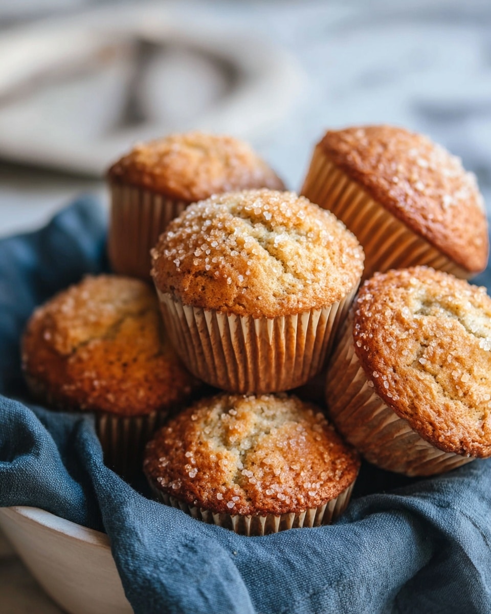 A close-up view of a group of golden-brown muffins with a rough textured top sprinkled with coarse sugar crystals. The muffins are stacked closely together on a dark blue cloth inside a white round container. The muffin papers are light brown and show ridged edges. The background is softly blurred with a white marbled texture and there is a hint of a white plate on a white marbled surface in the background. photo taken with an iphone --ar 4:5 --v 7