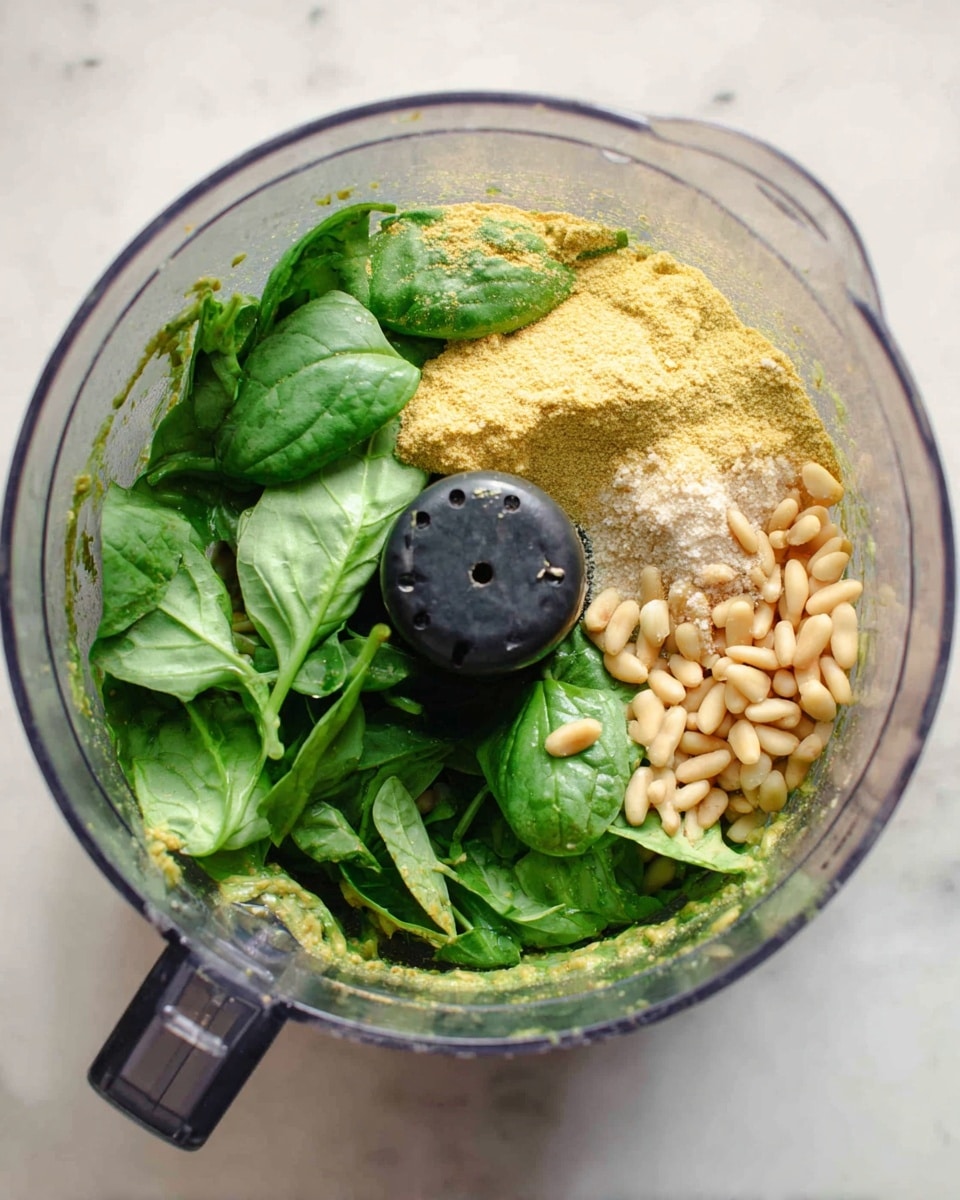 A clear food processor bowl sits on a white marbled surface, filled with layers of ingredients. At the bottom is a base of fresh bright green basil leaves covering nearly half the area. Next to the basil on one side is a layer of light tan pine nuts clustered beside a small sprinkle of salt. On top of the basil and pine nuts is a light yellow powder, unevenly spread in small piles over the green leaves. The clear bowl shows the mixture from above with a black central blade in the middle, ready to blend these fresh and textured ingredients. photo taken with an iphone --ar 4:5 --v 7